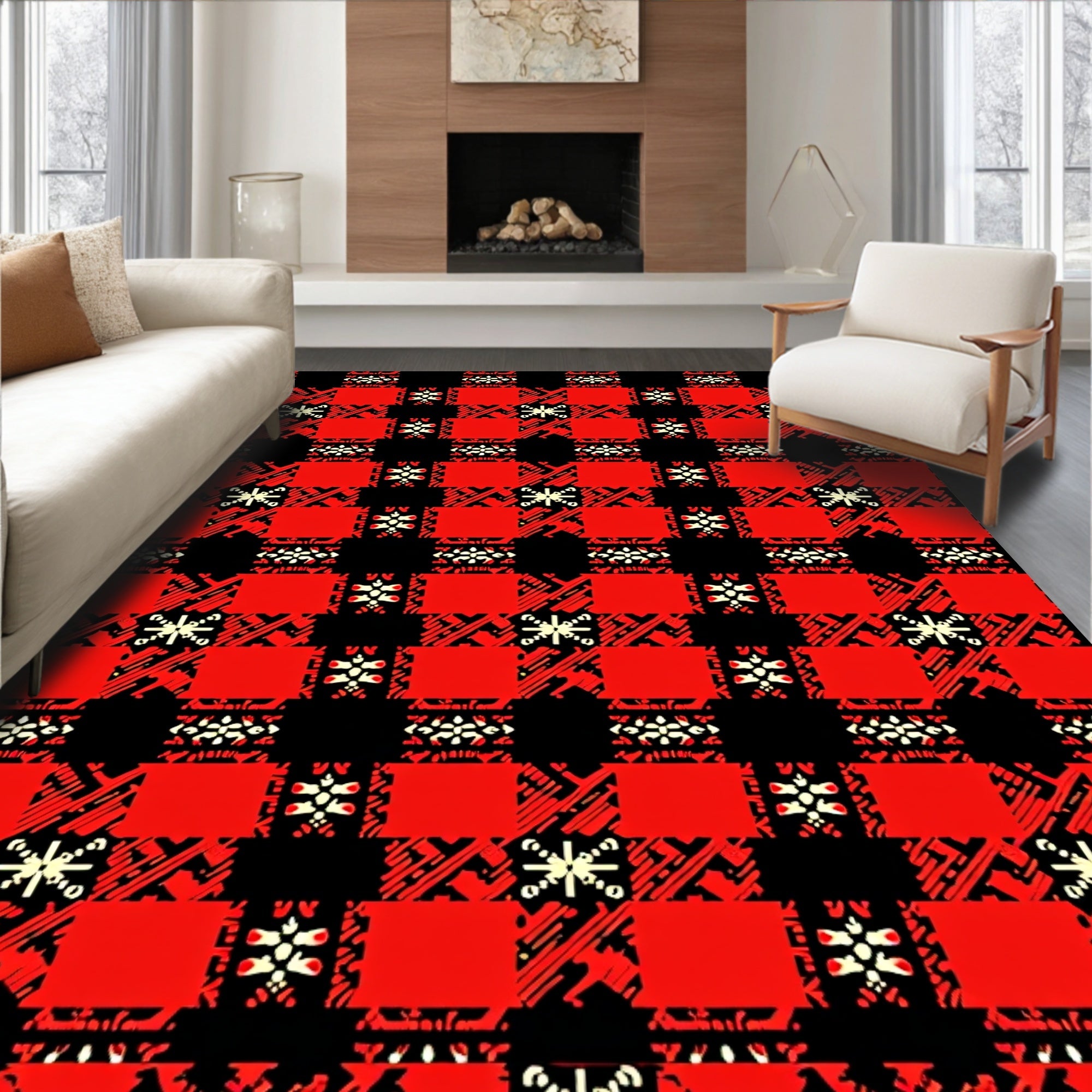Bold Red Black Geometric Pattern Rug