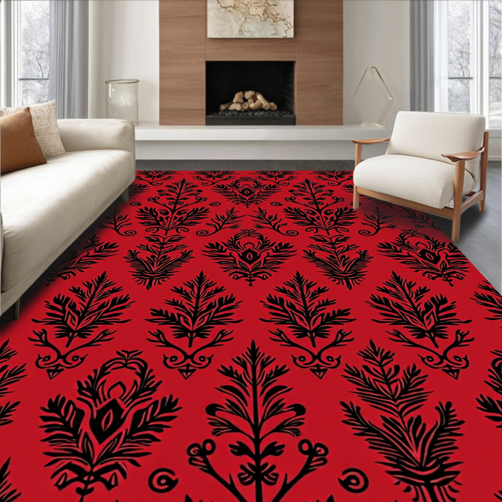Crimson Black Classic Damask Pattern Rug