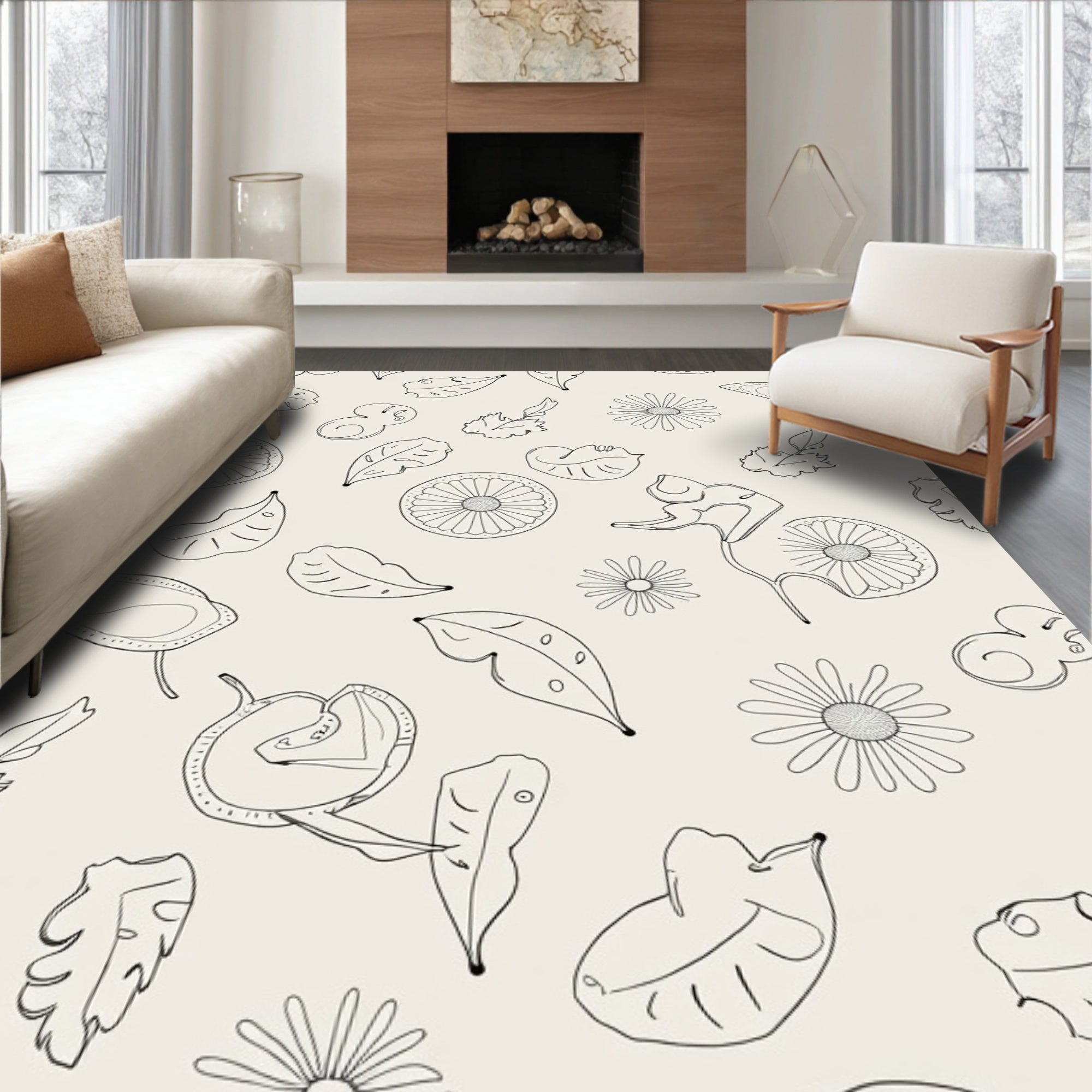 Delicate Floral Outline Pattern Rug