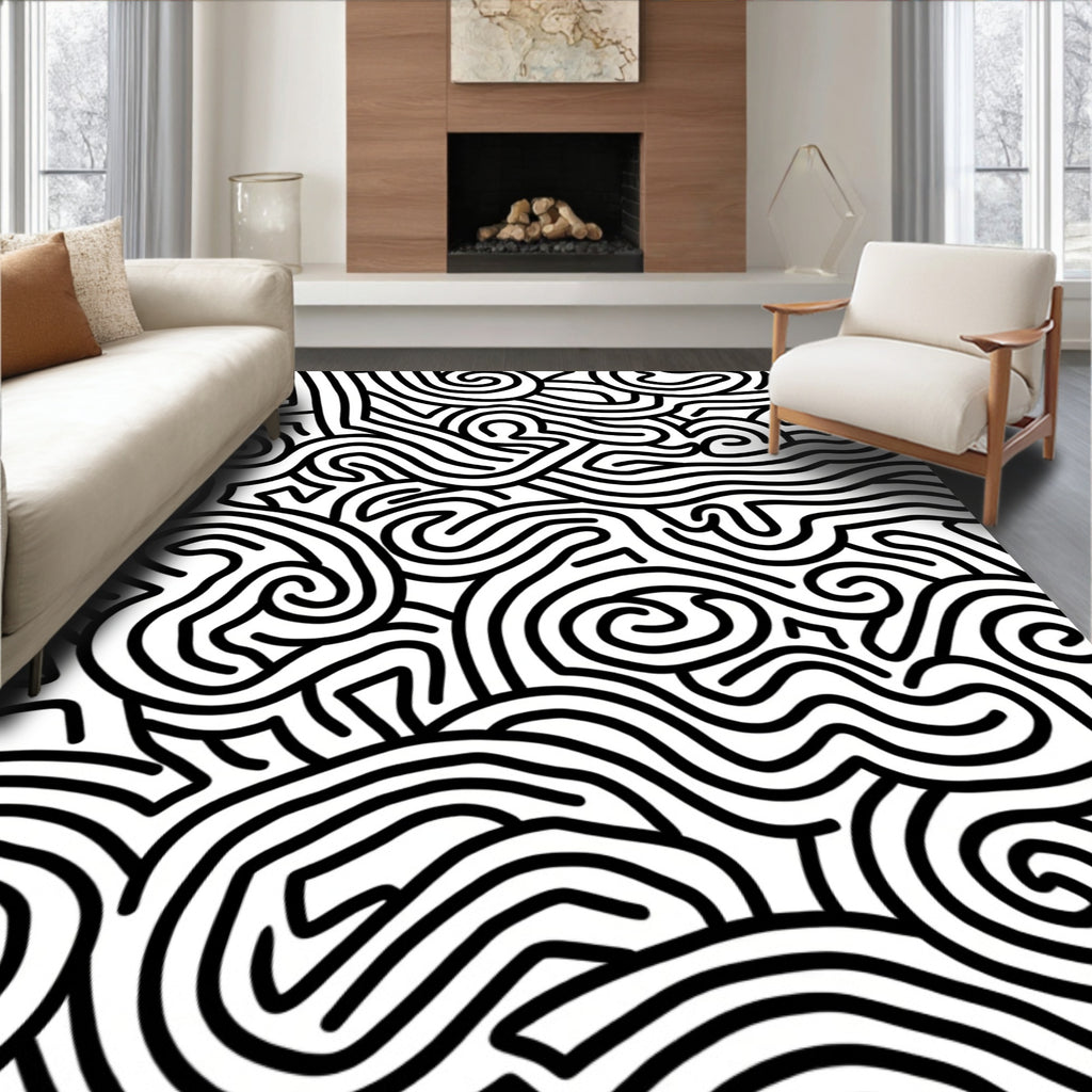 Black White Swirling Lines Pattern Rug