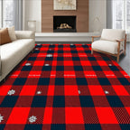 Red Black Plaid With Snowflakes Design Rug
