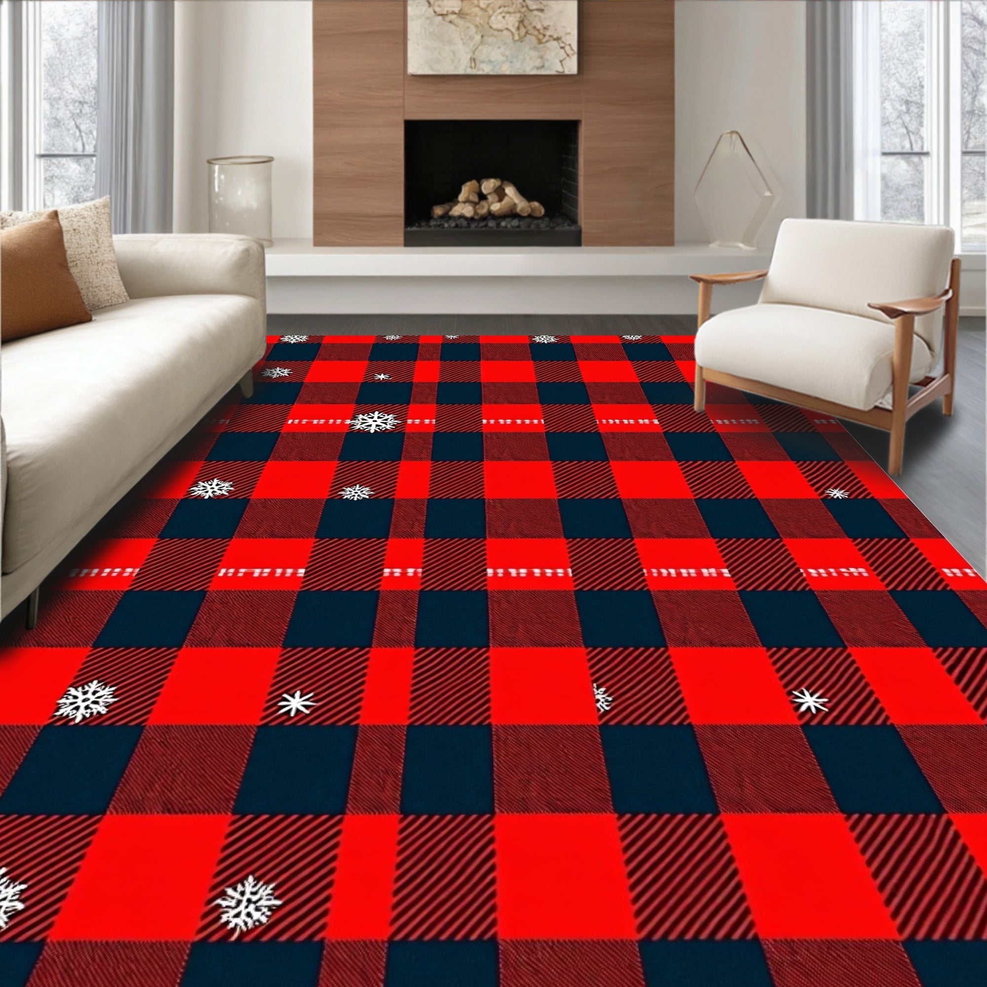 Red Black Plaid With Snowflakes Design Rug