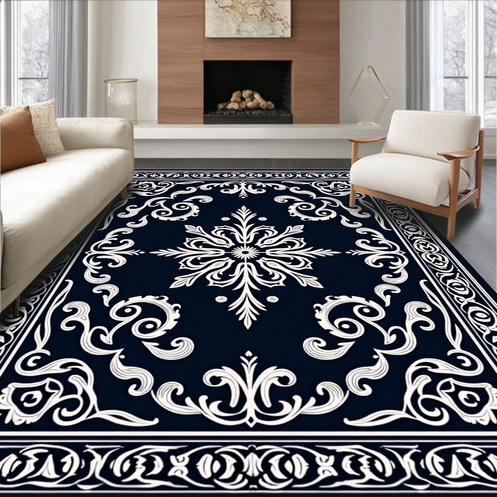 Dark Blue White Ornate Scroll Rug