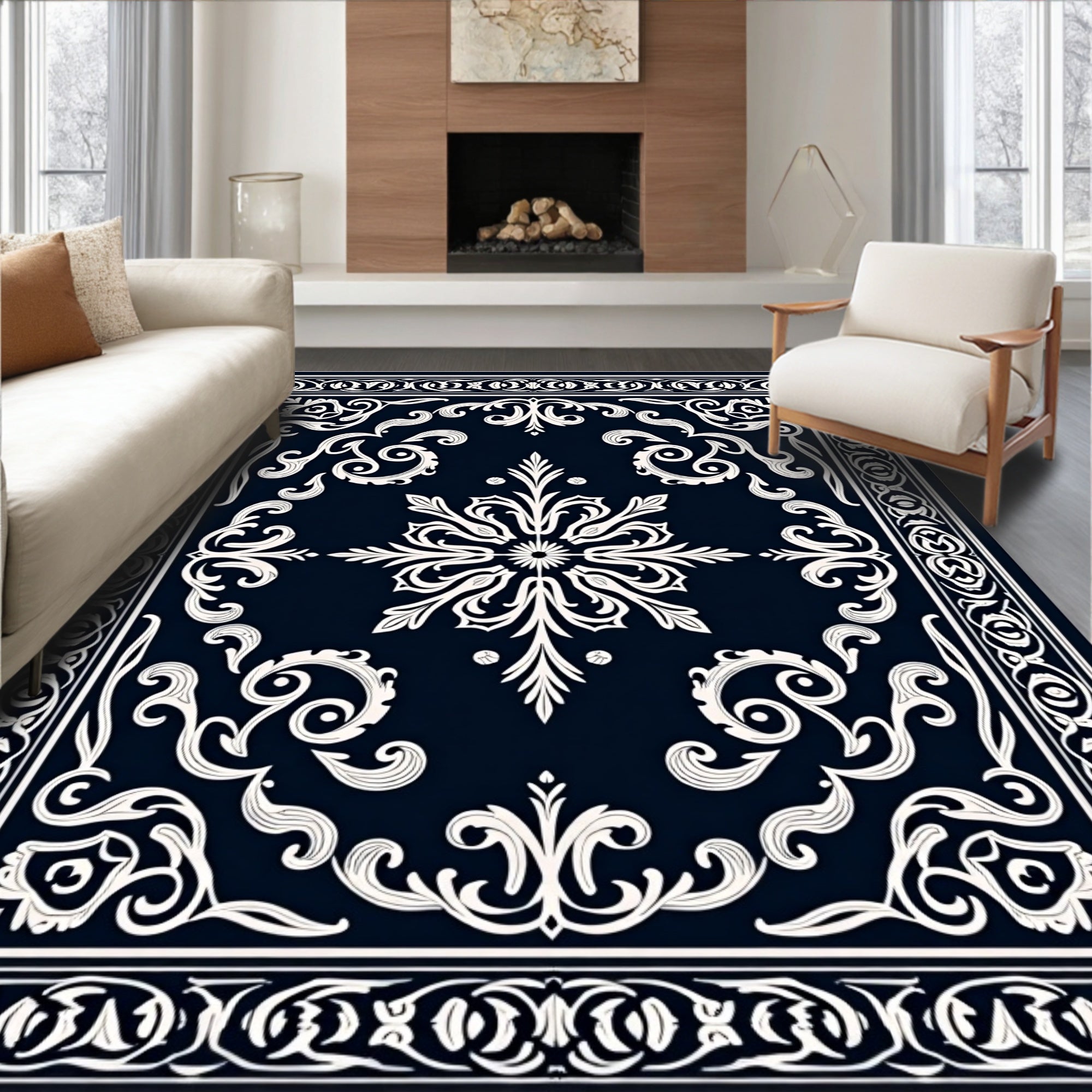 Dark Blue White Ornate Scroll Rug