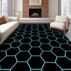 Bold Black Cyan Hexagonal Pattern Rug