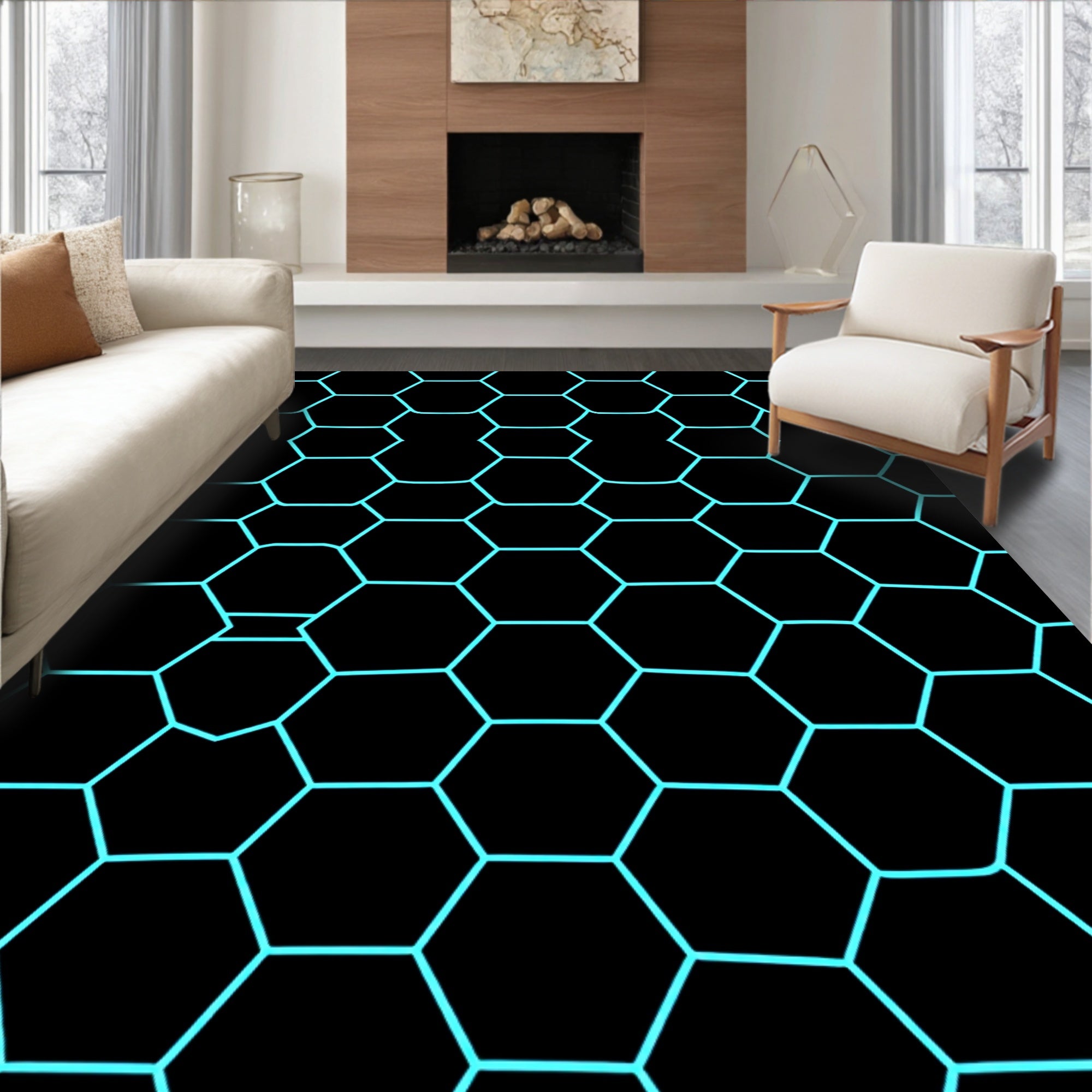 Bold Black Cyan Hexagonal Pattern Rug