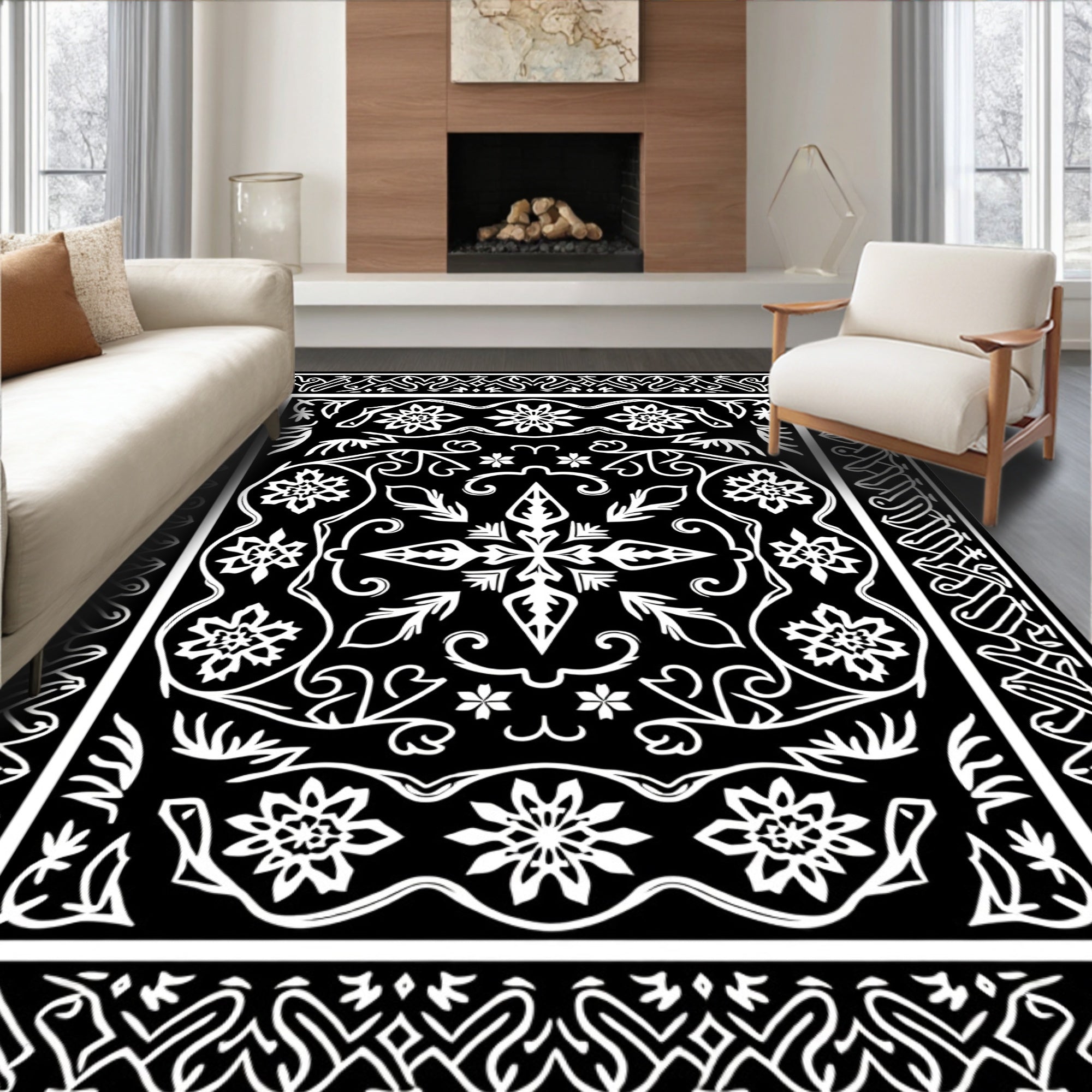 Elaborate Black White Floral Mandala Rug