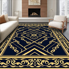 Elegant Golden Navy Abstract Floral Border Rug