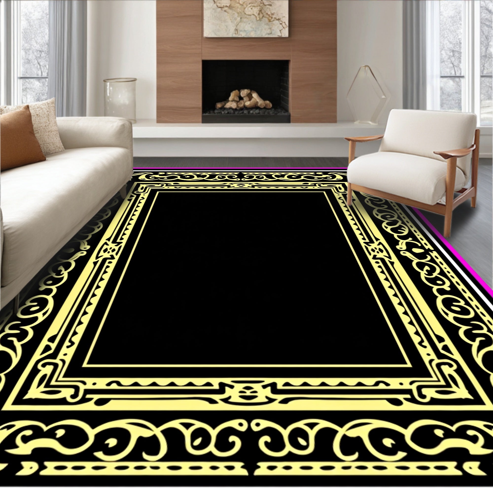 Ornate Black Yellow Pink Border Rug