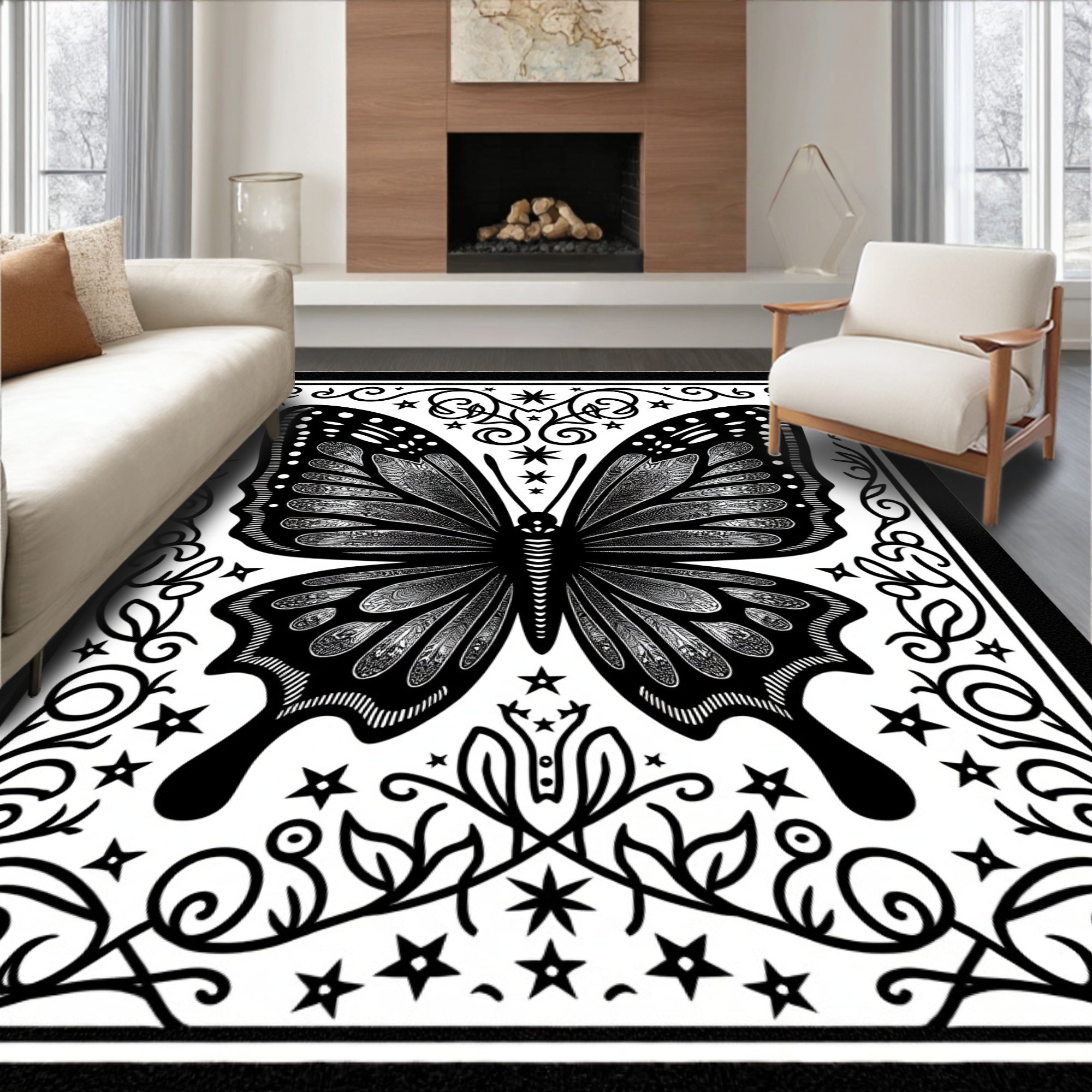 Intricate Black Butterfly Floral Art Rug