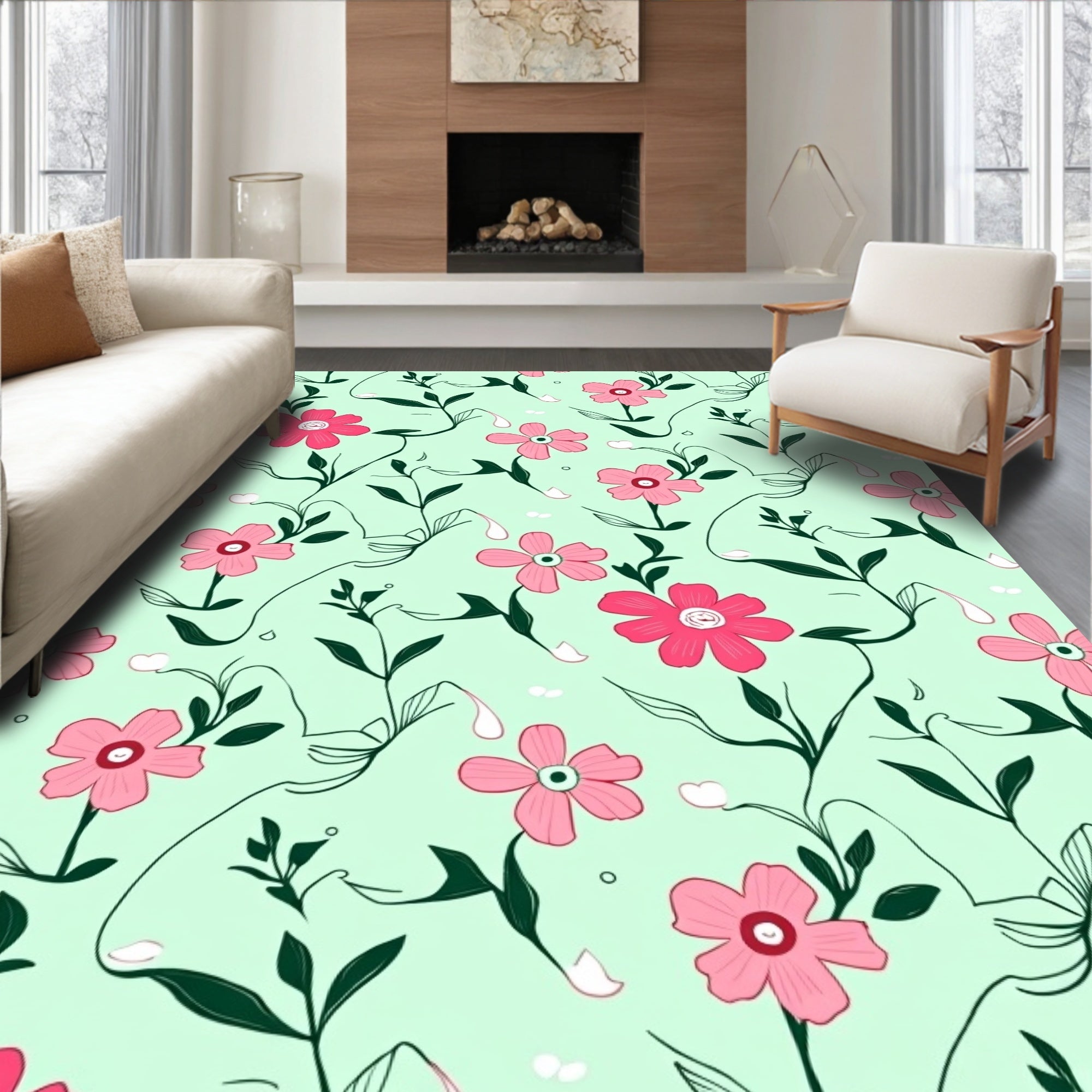 Floral Vines Pink Blossoms Design Rug