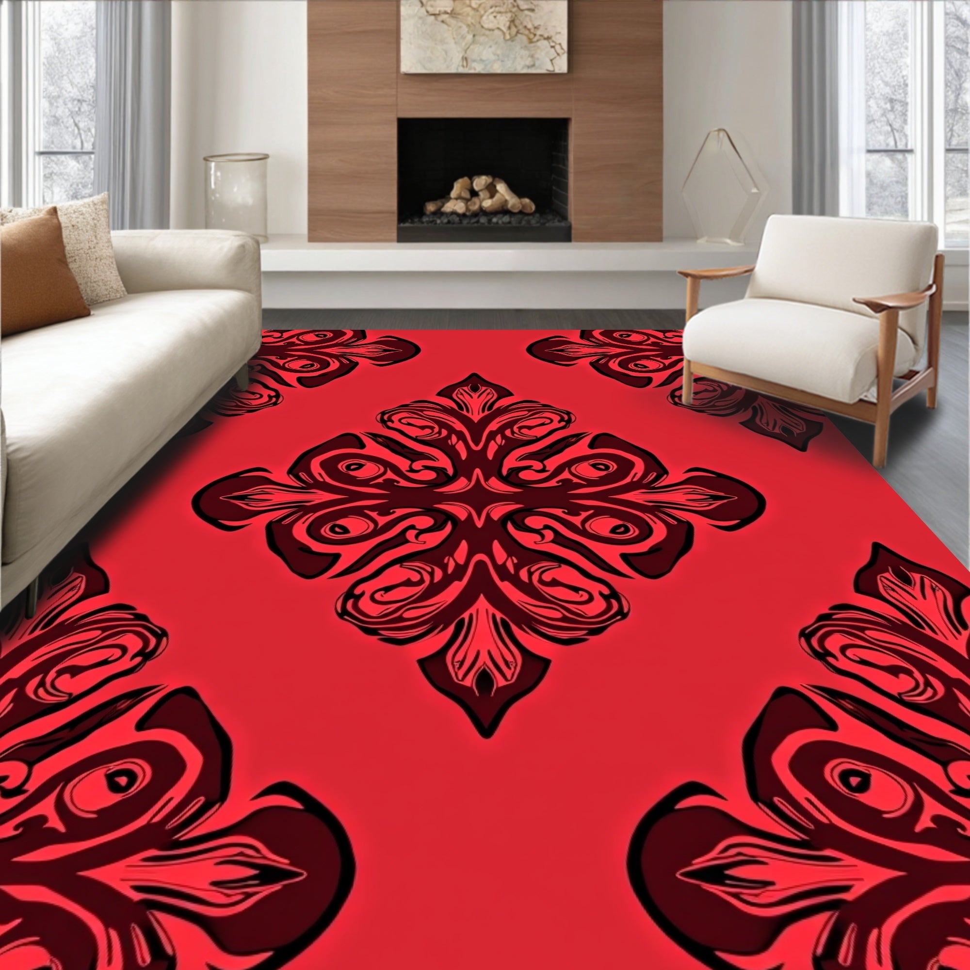 Ornate Red Black Damask Pattern Rug