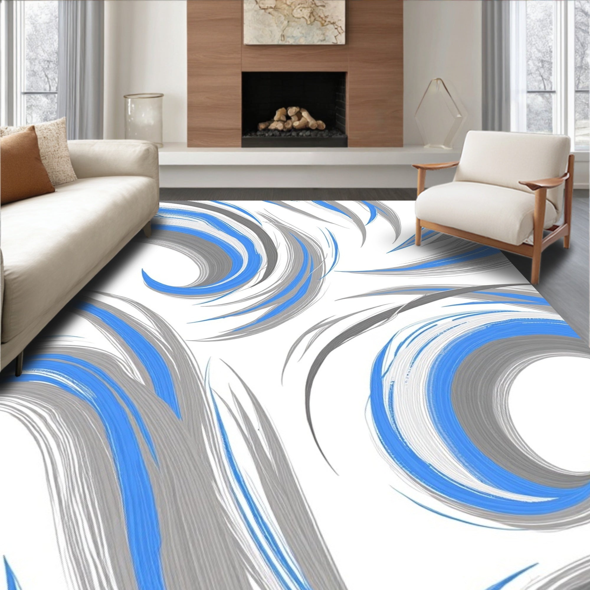 Blue and Gray Swoosh Abstract Rug
