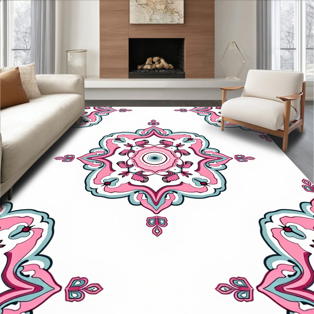 Pink Teal Floral Medallion Pattern Rug