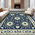 Navy Cream Floral Medallion Border Design Rug