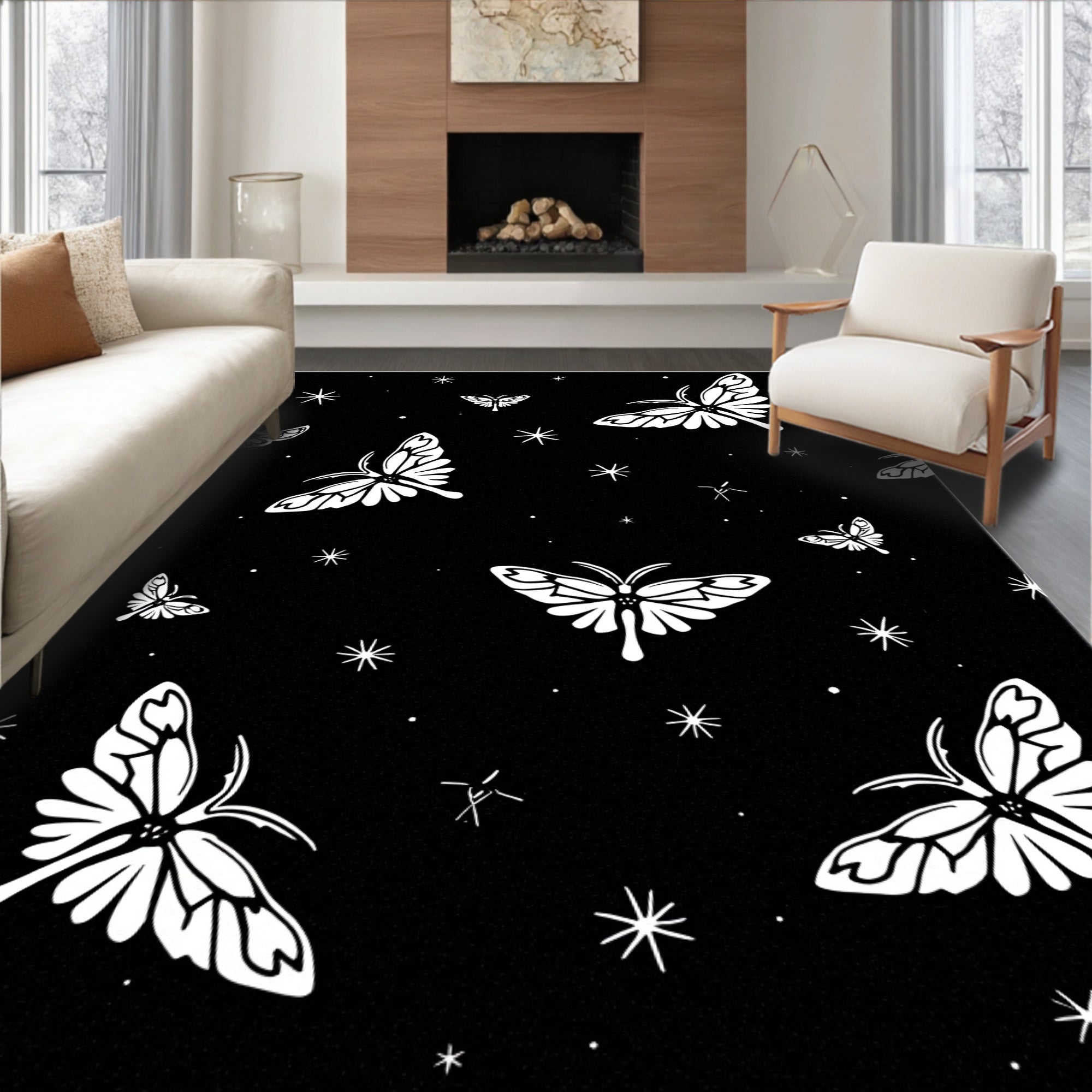 Whimsical Moth Starry Night Pattern Rug