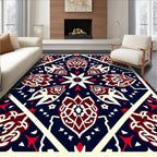 Crimson Floral Symmetry Dark Blue Rug