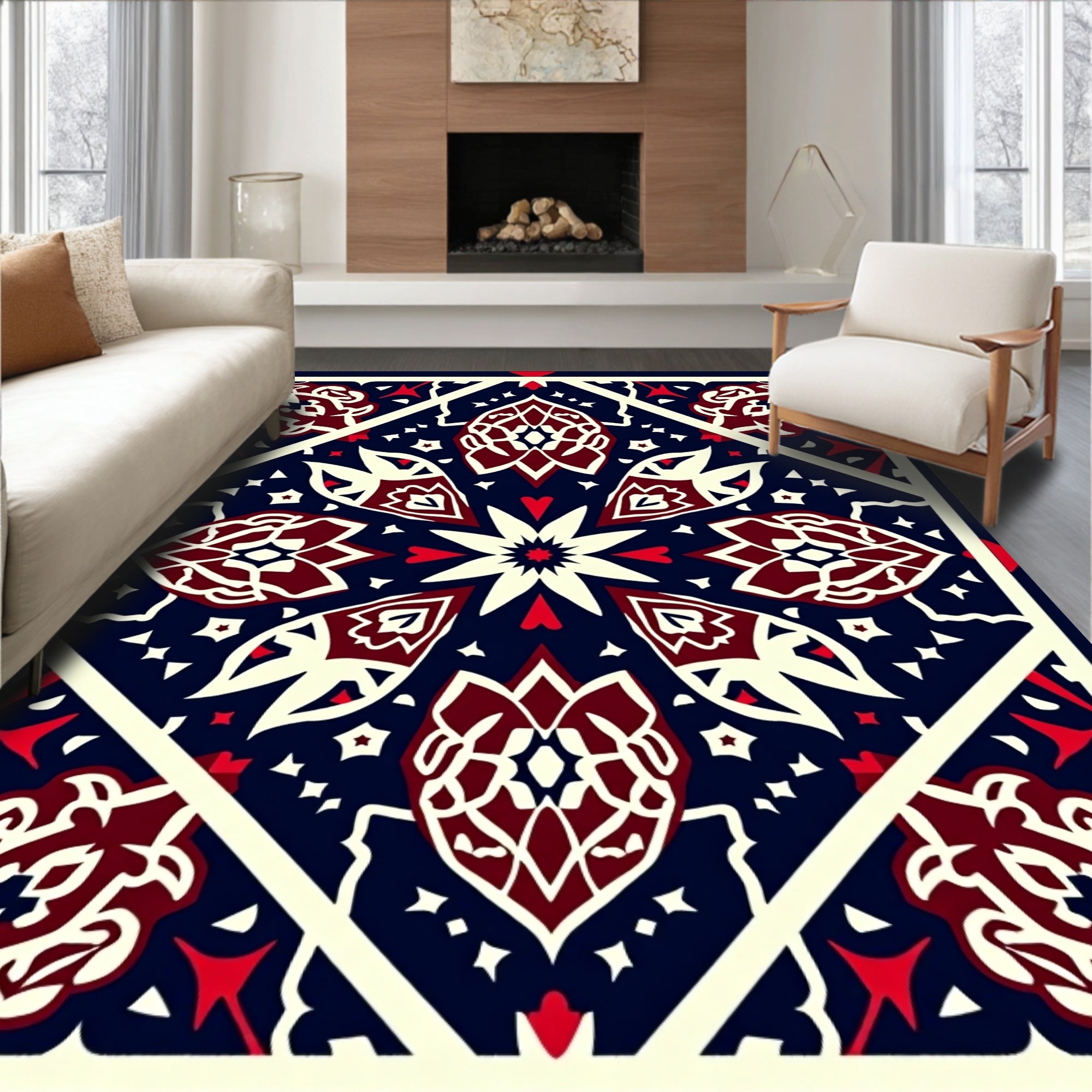 Crimson Floral Symmetry Dark Blue Rug