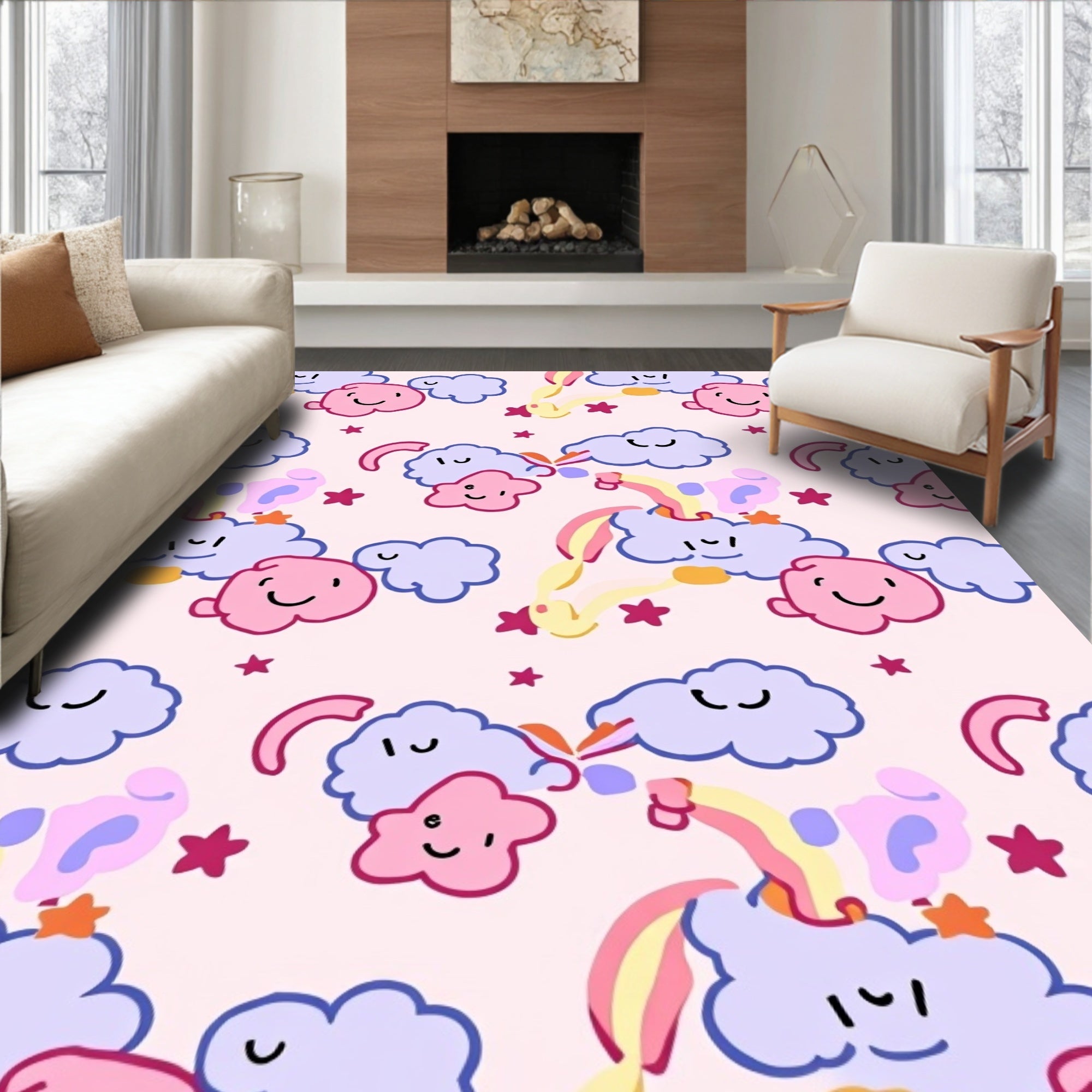 Whimsical Clouds Stars Rainbow Pattern Rug