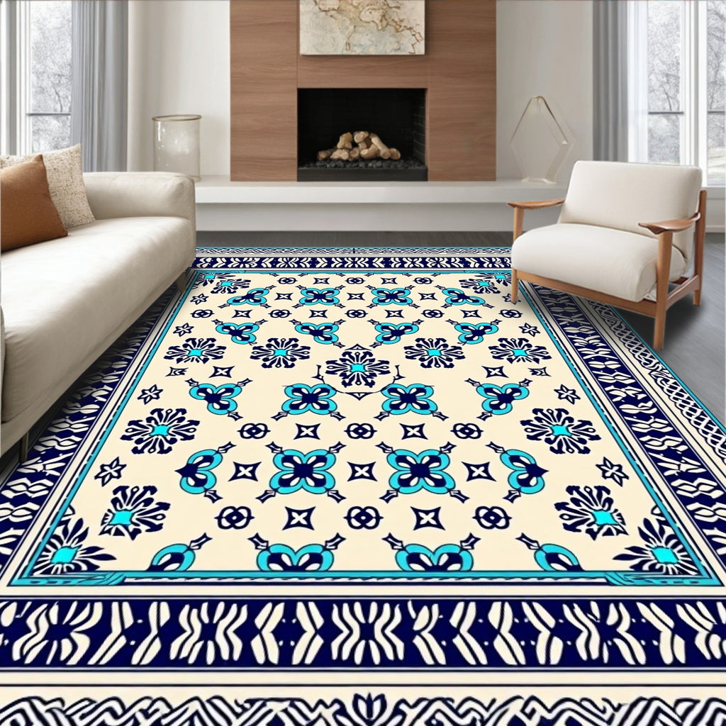 Cream Sky Blue Intricate Floral Pattern Rug