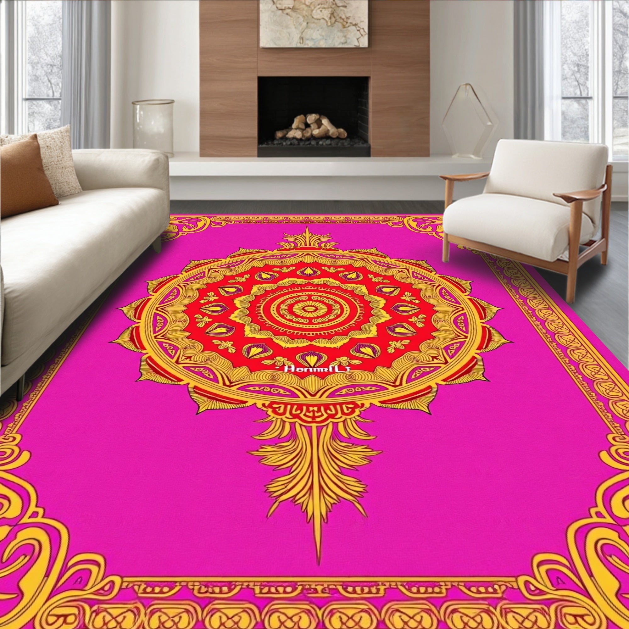 Vibrant Red Gold Mandala Border Design Rug