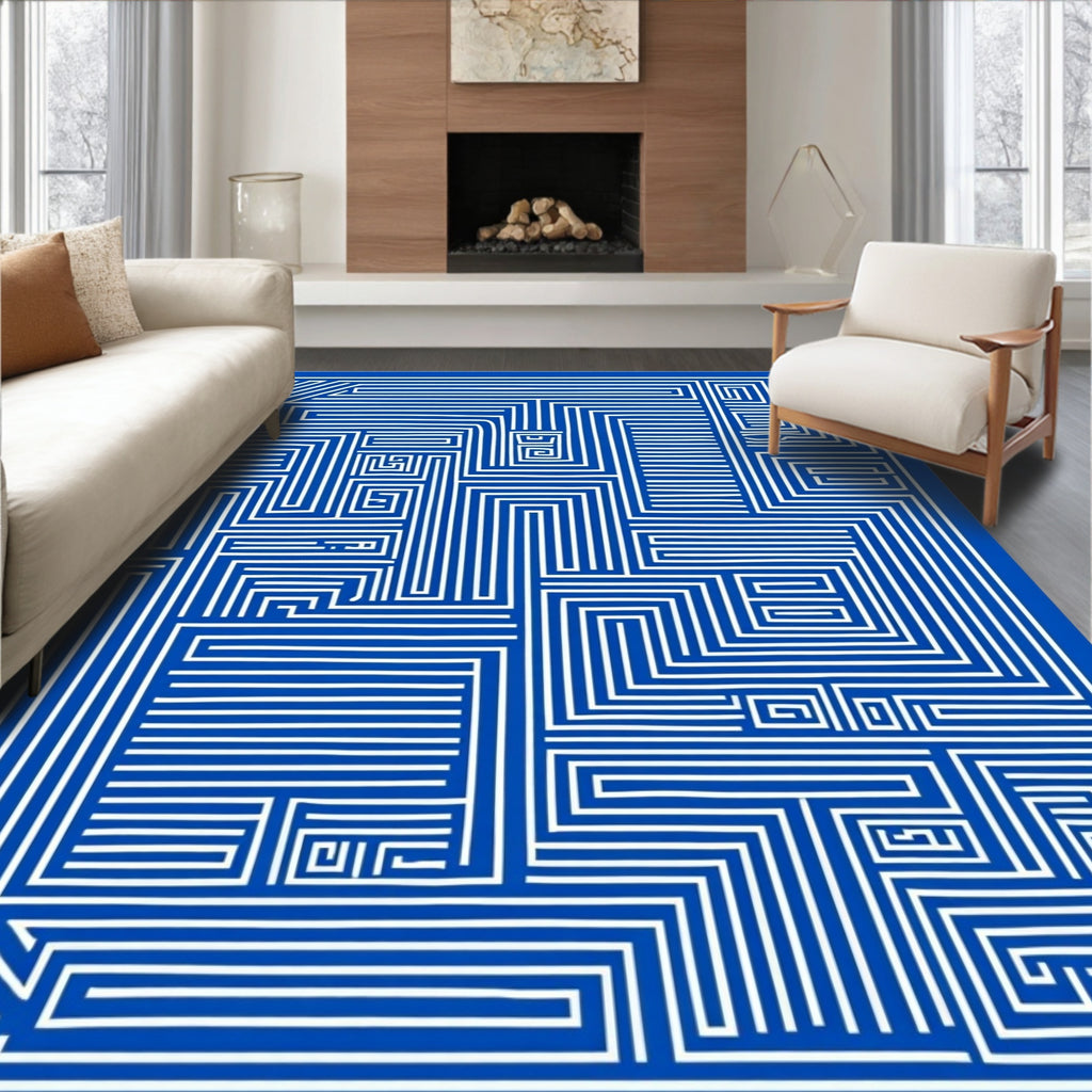 Abstract Blue White Geometric Maze Design Rug
