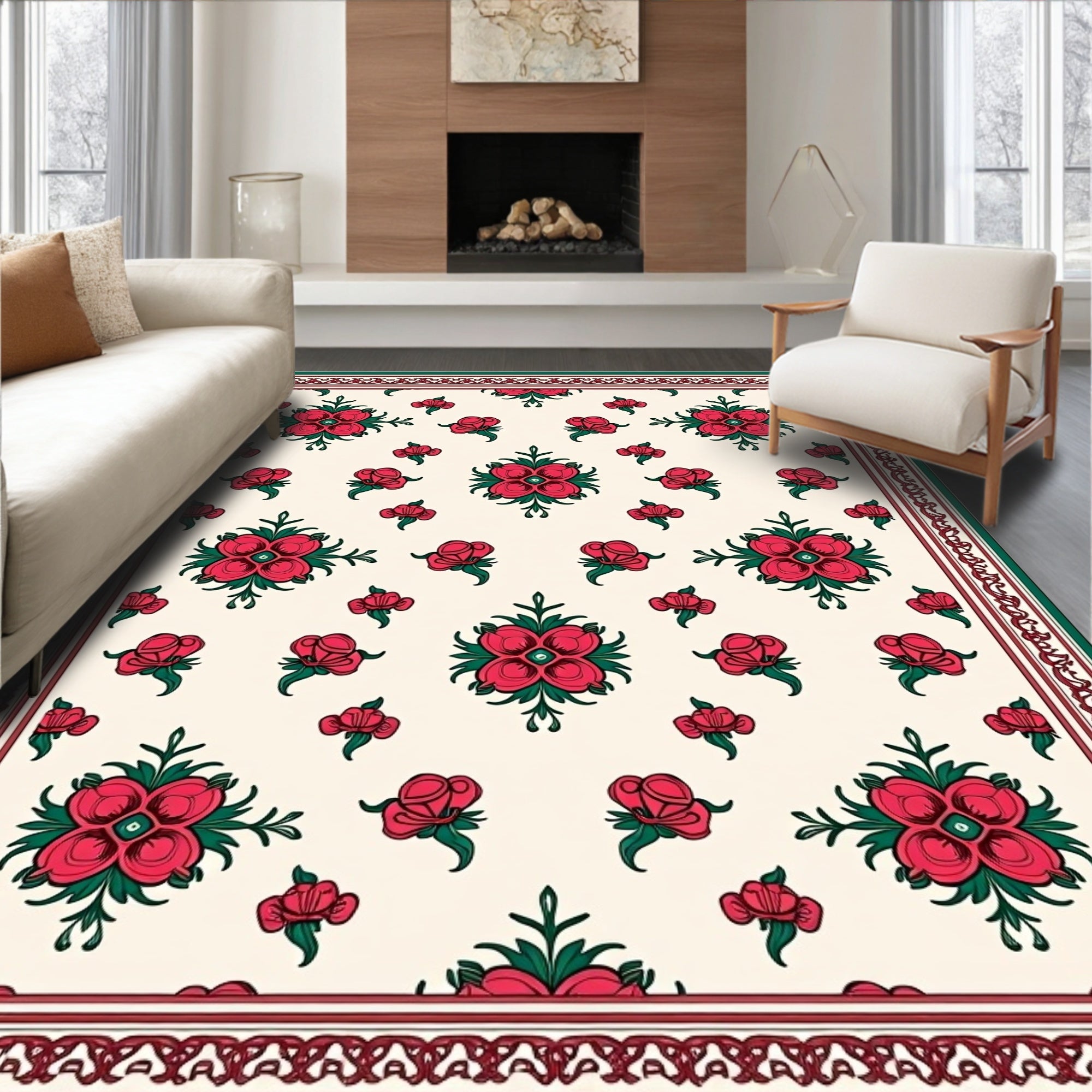 Red Floral Decorative Pattern Design Rug