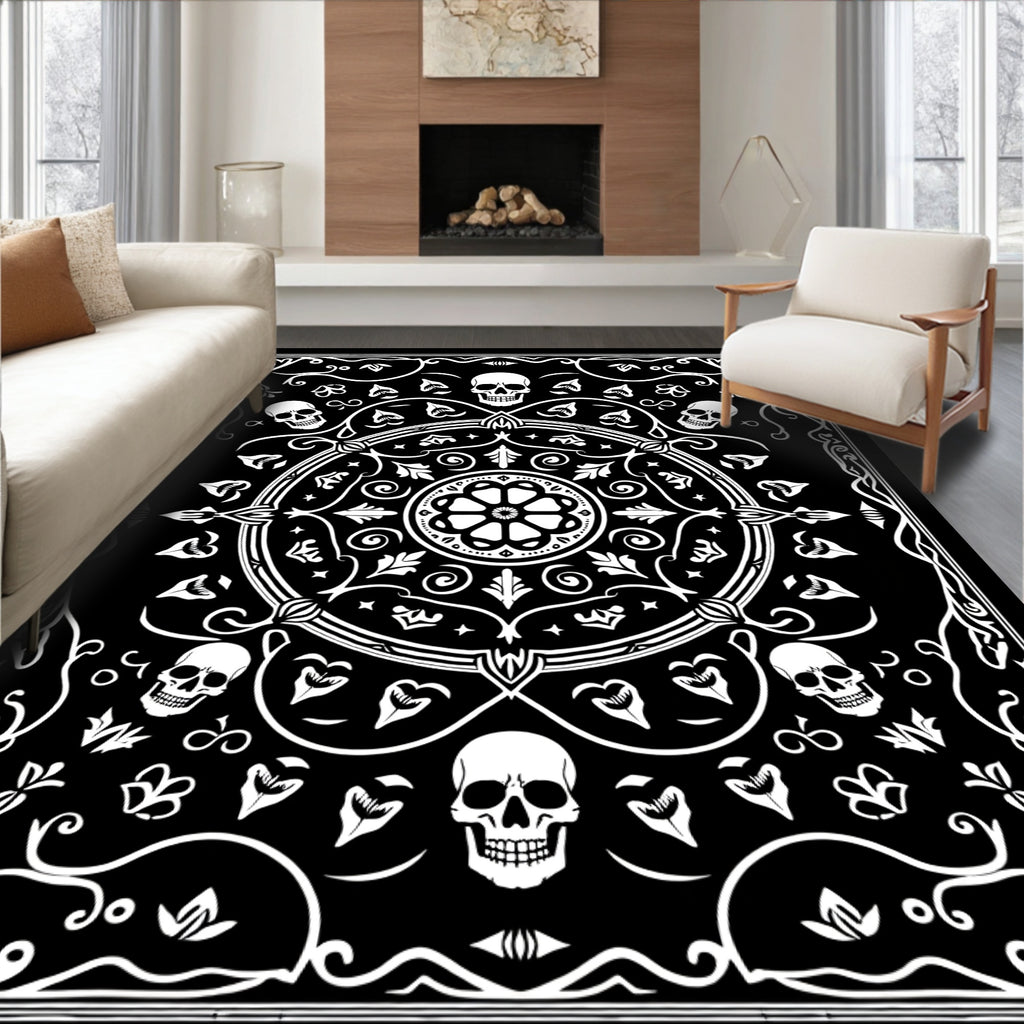 Ornate Black White Skull Statement Rug