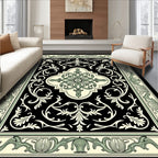 Vintage Black Ivory Green Floral Medallion Rug
