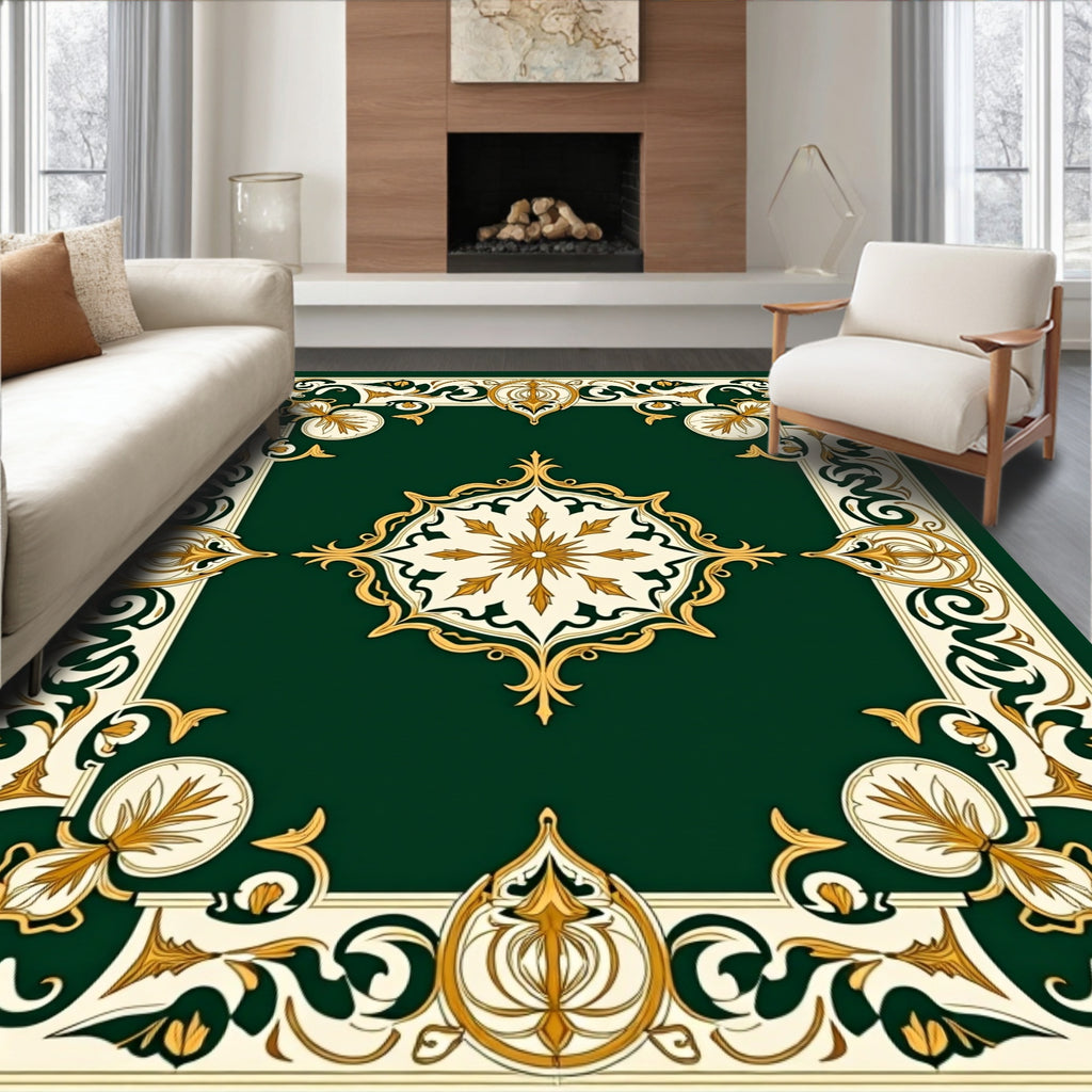 Ornate Gold Floral Green Cream Rug