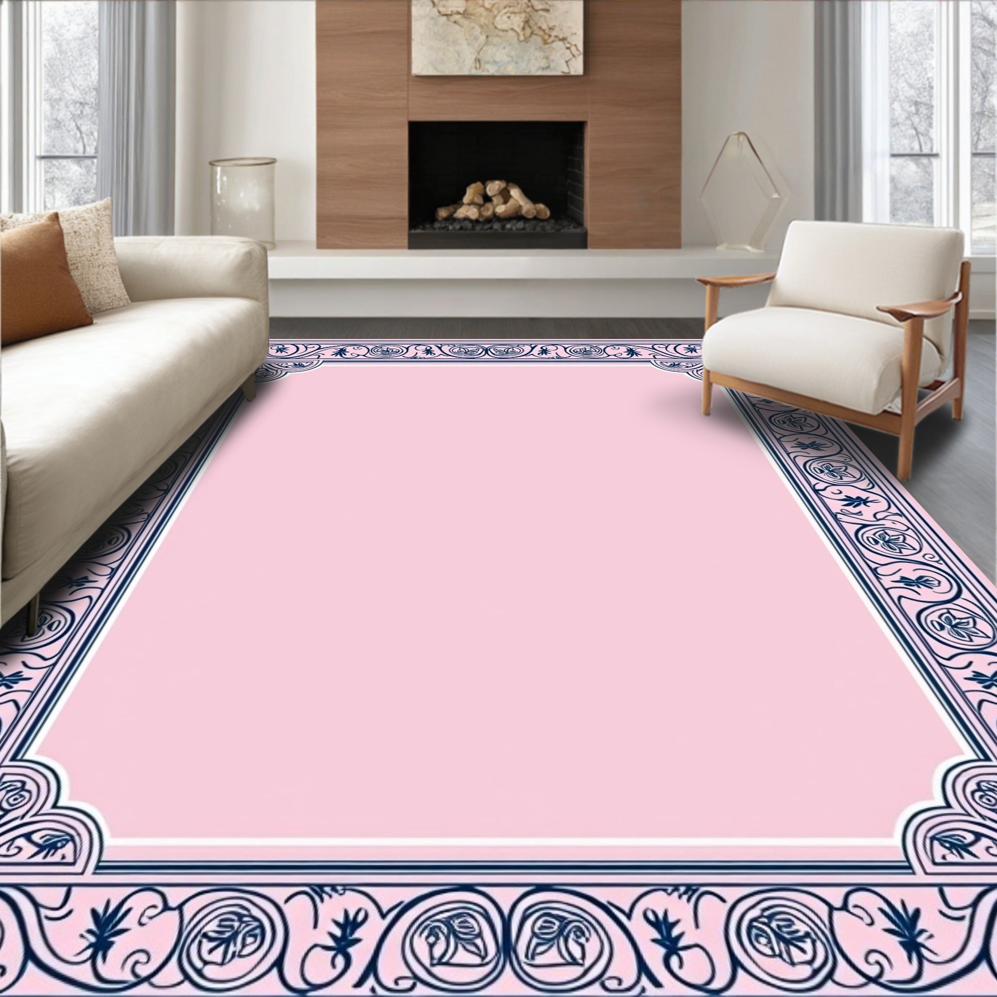 Ornate Floral Motif Border Design Rug