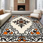 Ornate Black Orange Floral Scroll Rug