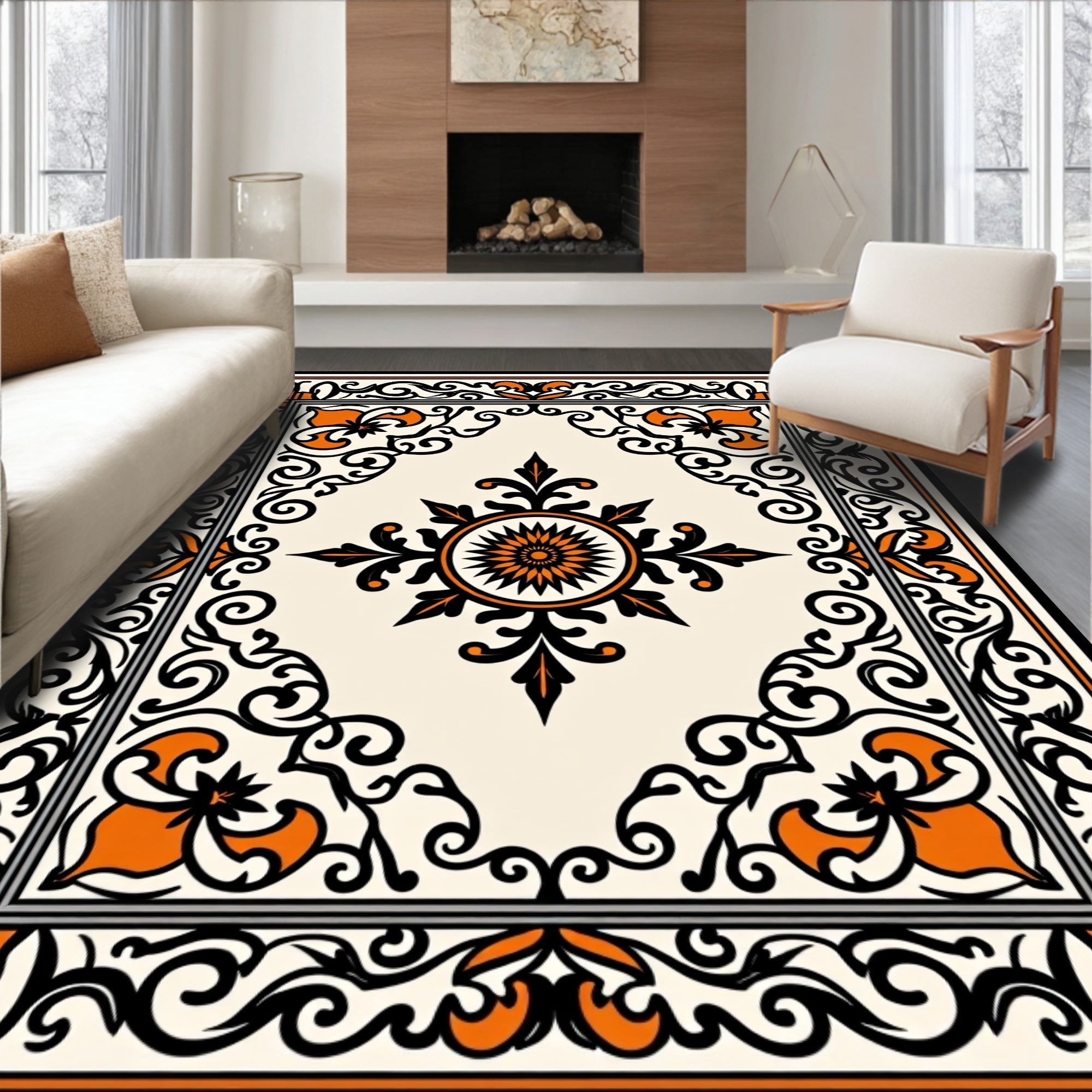 Ornate Black Orange Floral Scroll Rug