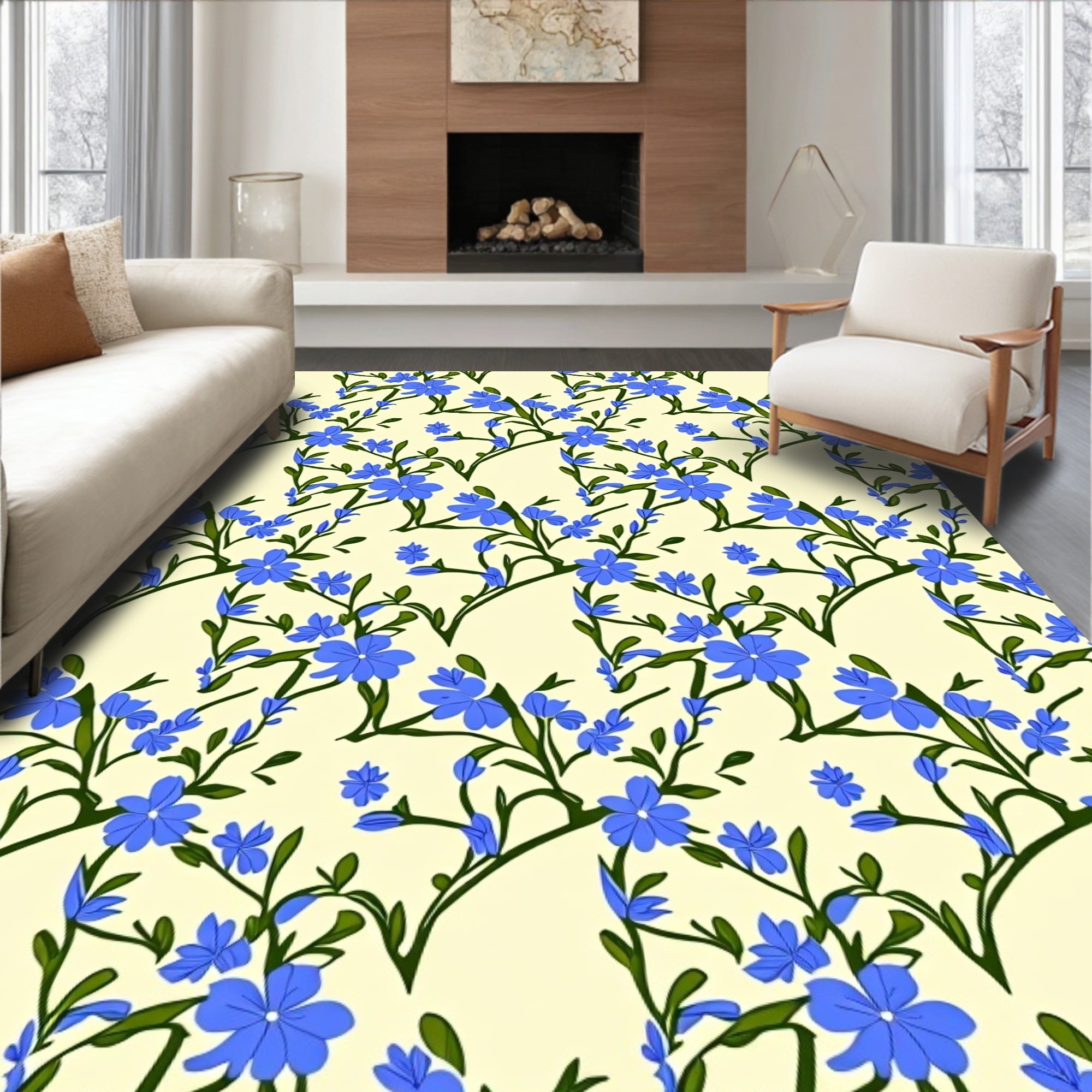 Blue Flowers on Cream Background Rug