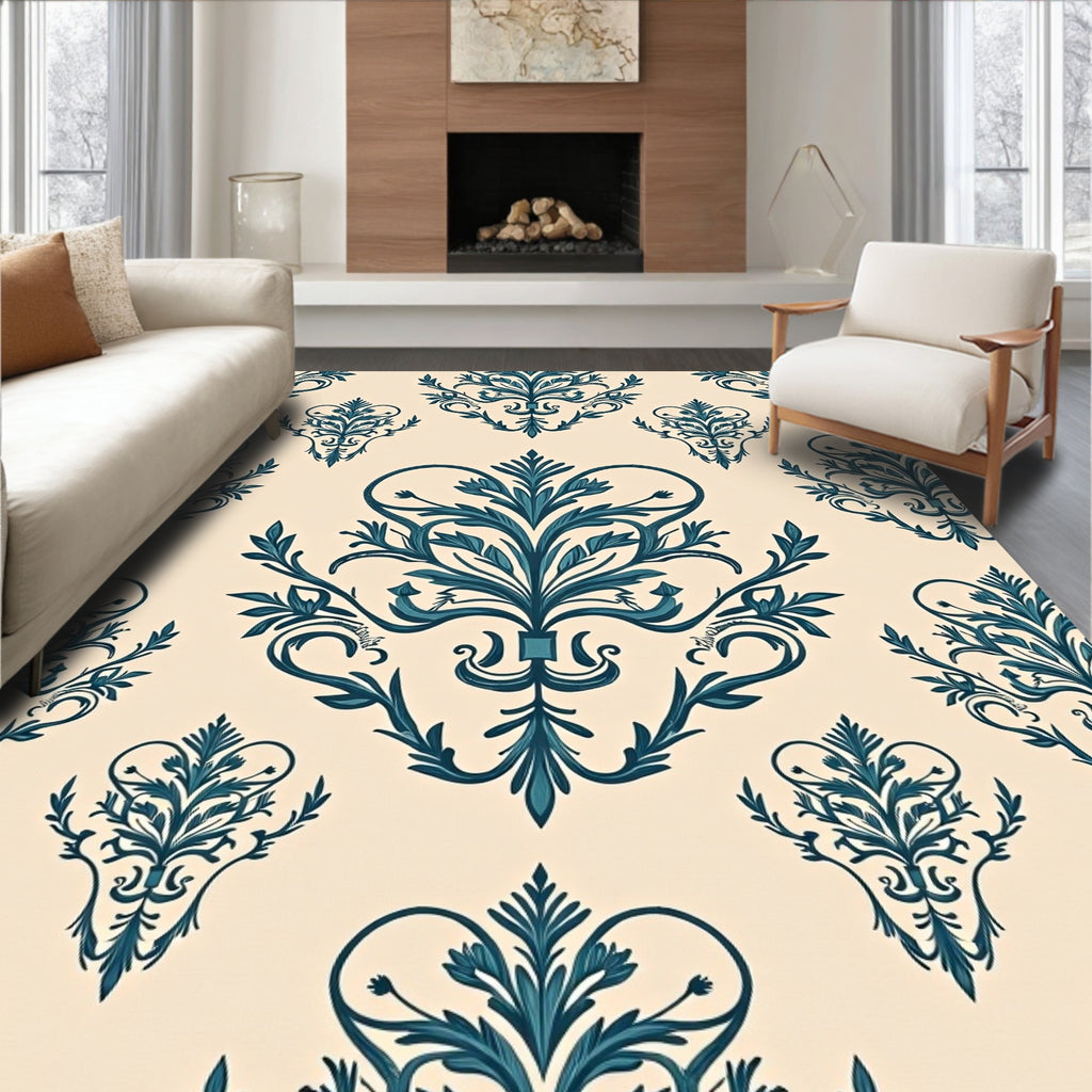 Teal Floral Damask Pattern Rug