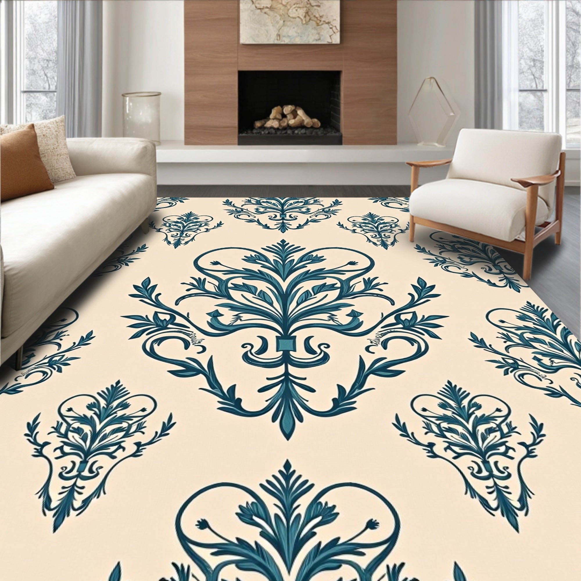 Teal Floral Damask Pattern Rug