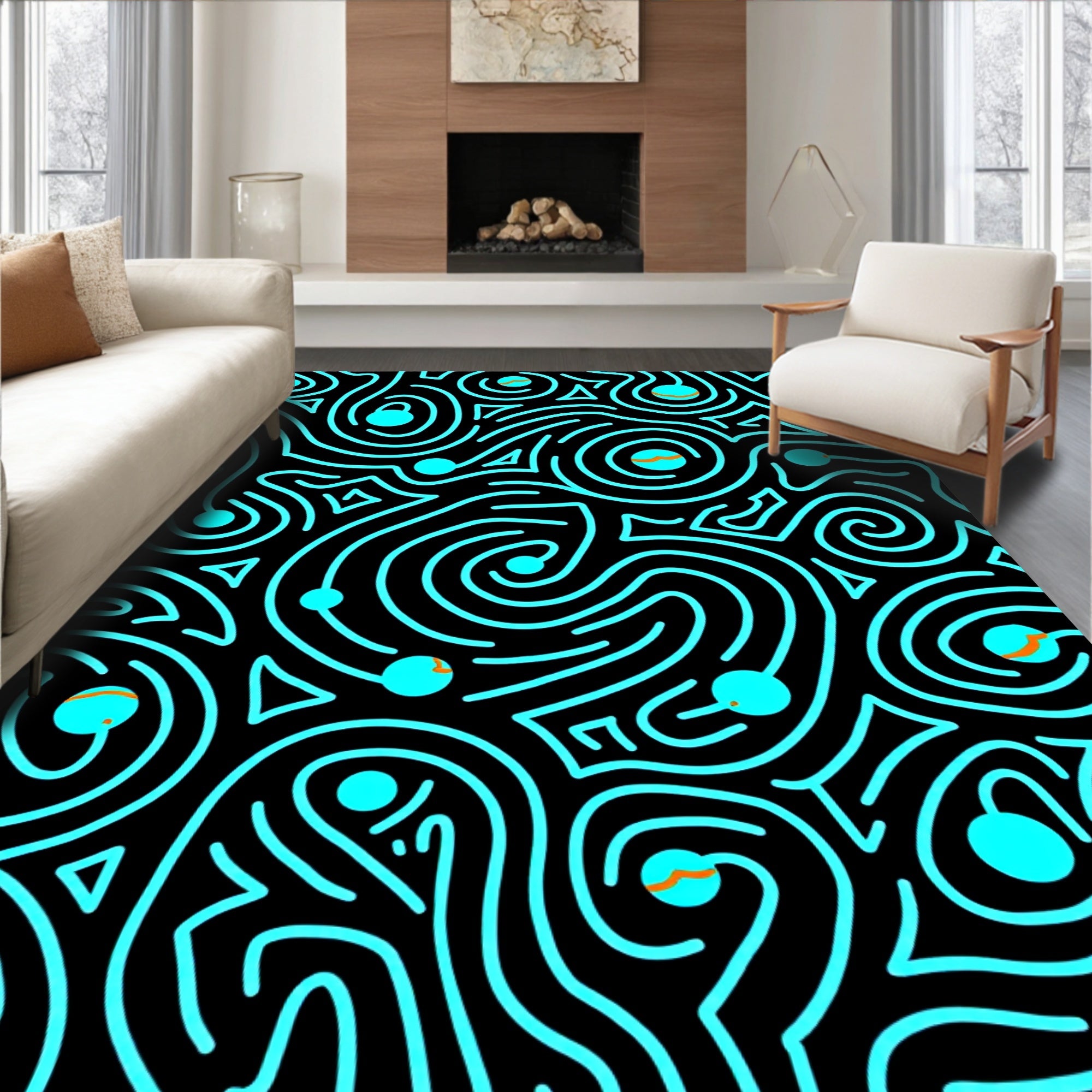 Aqua Swirl Abstract Geometric Black Rug