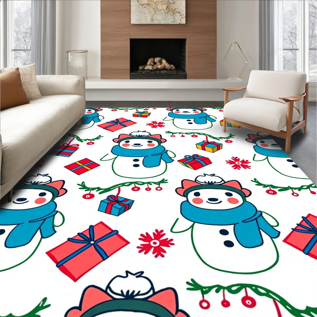 Cute Snowman Christmas Gift Scene Rug