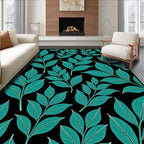 Teal Leafy Branch Black Background Rug
