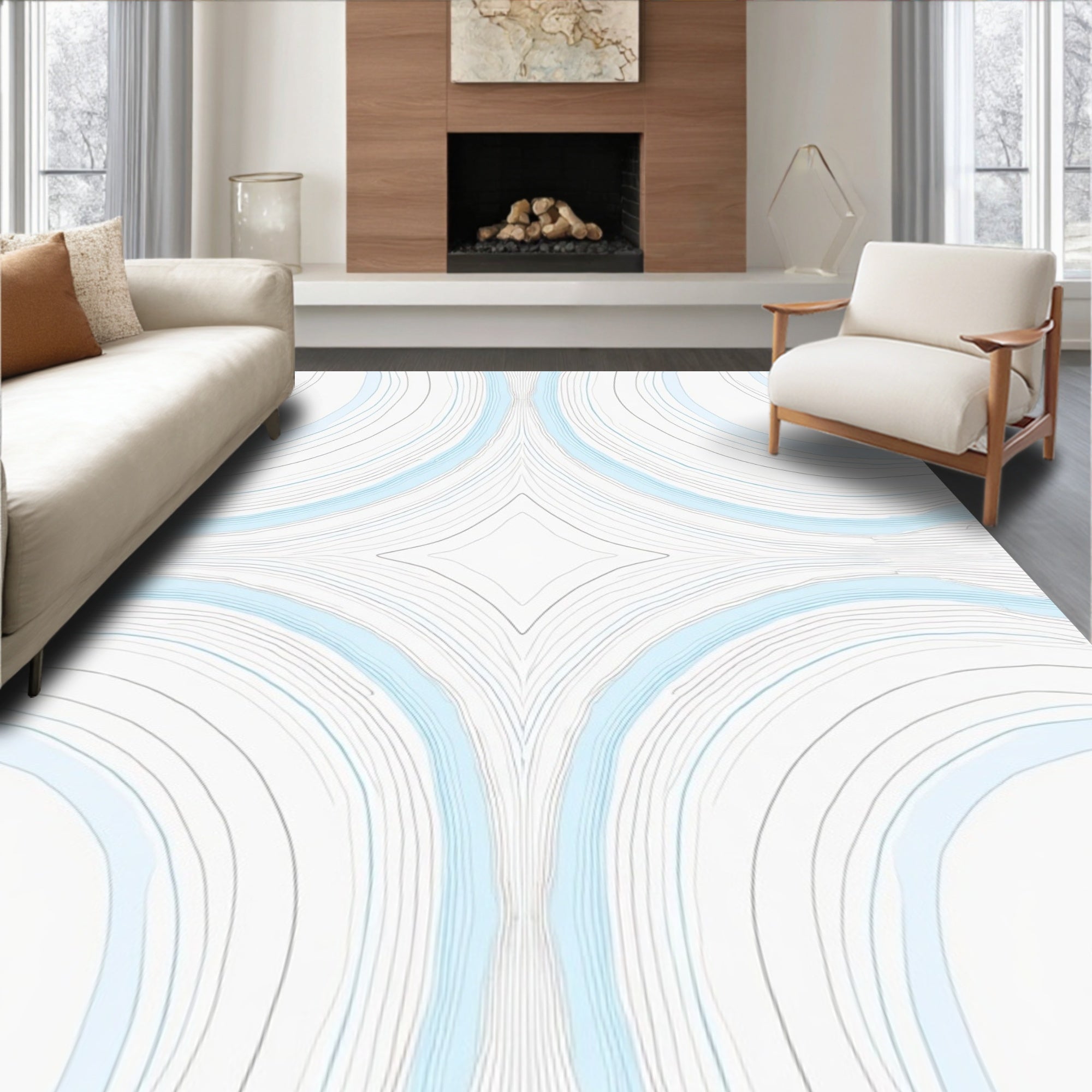 Modern Blue White Abstract Flow Rug