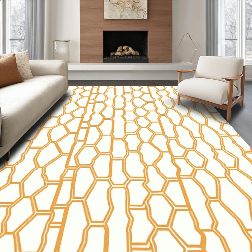 Modern Orange Geometric Honeycomb Design Rug