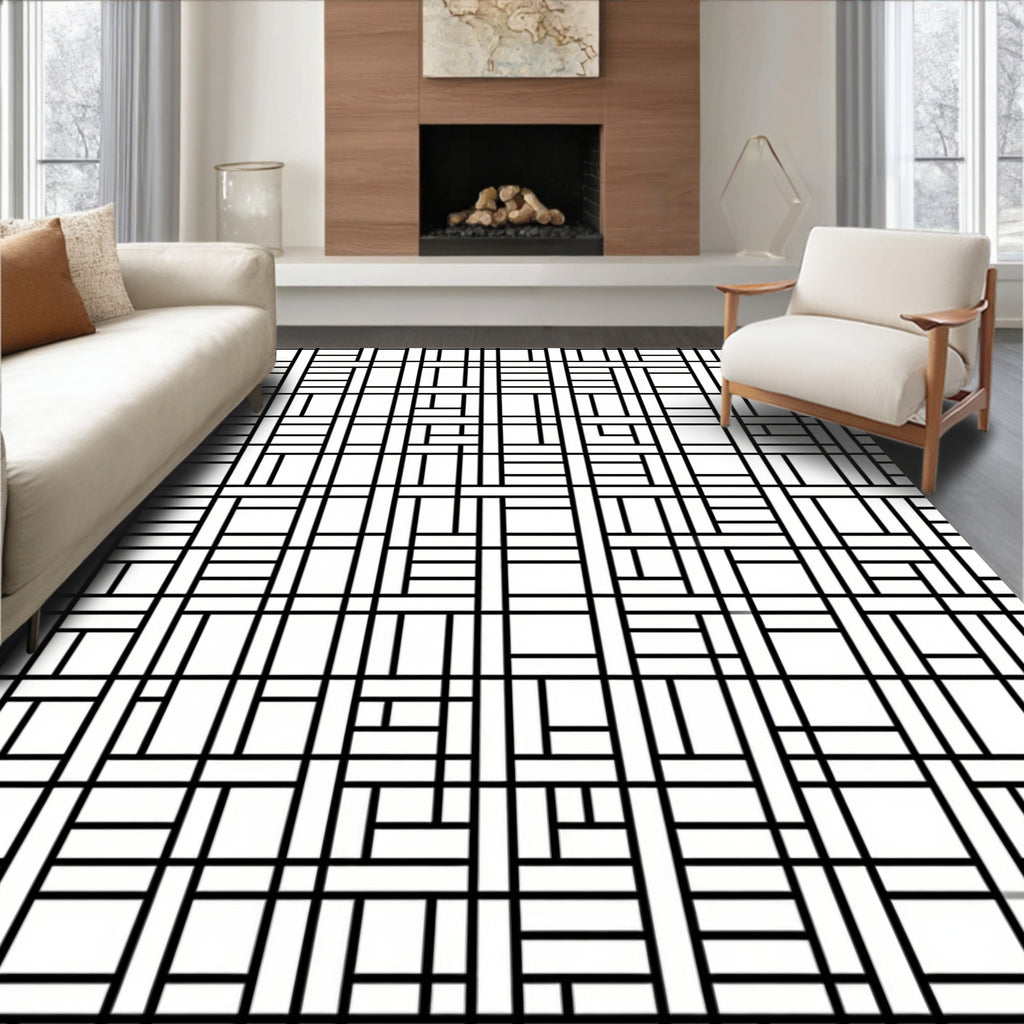 Classic Black White Geometric Layout Rug