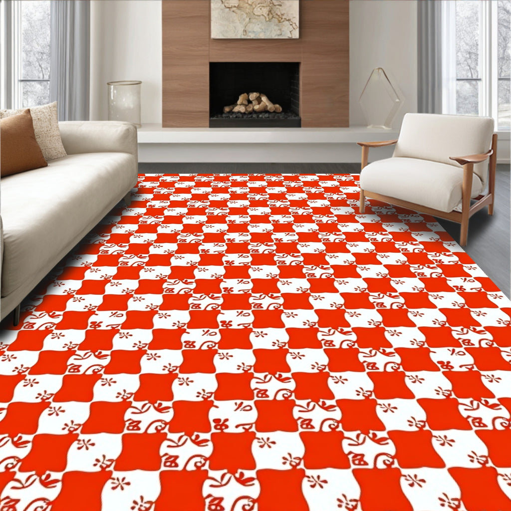 Red White Checkerboard Floral Pattern Rug