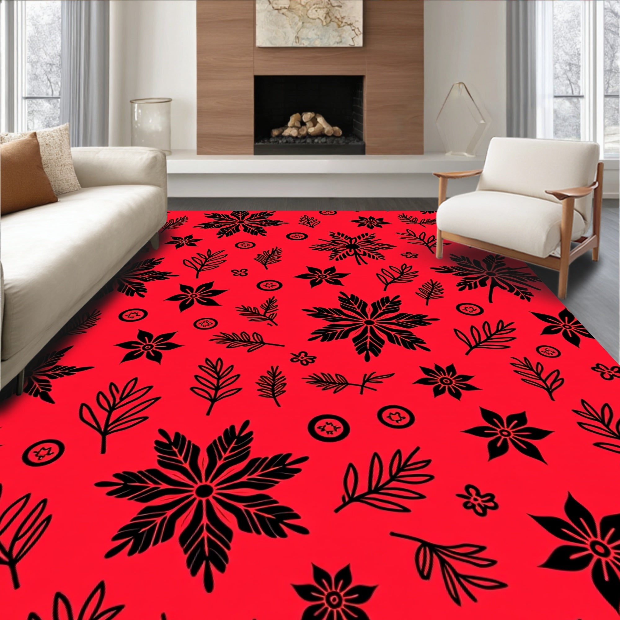 Bold Floral Leaf Pattern Red Rug