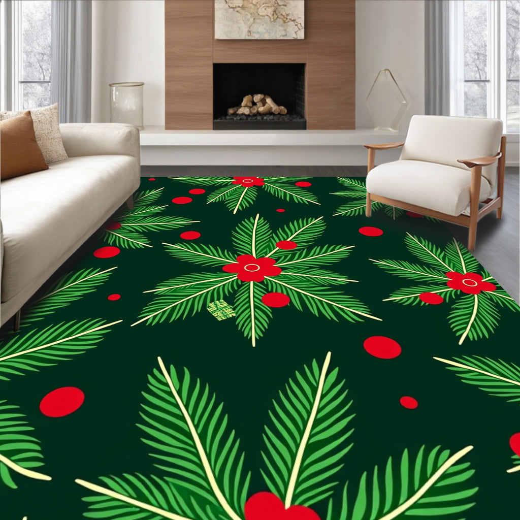 Festive Green Red Floral Berry Clusters Rug