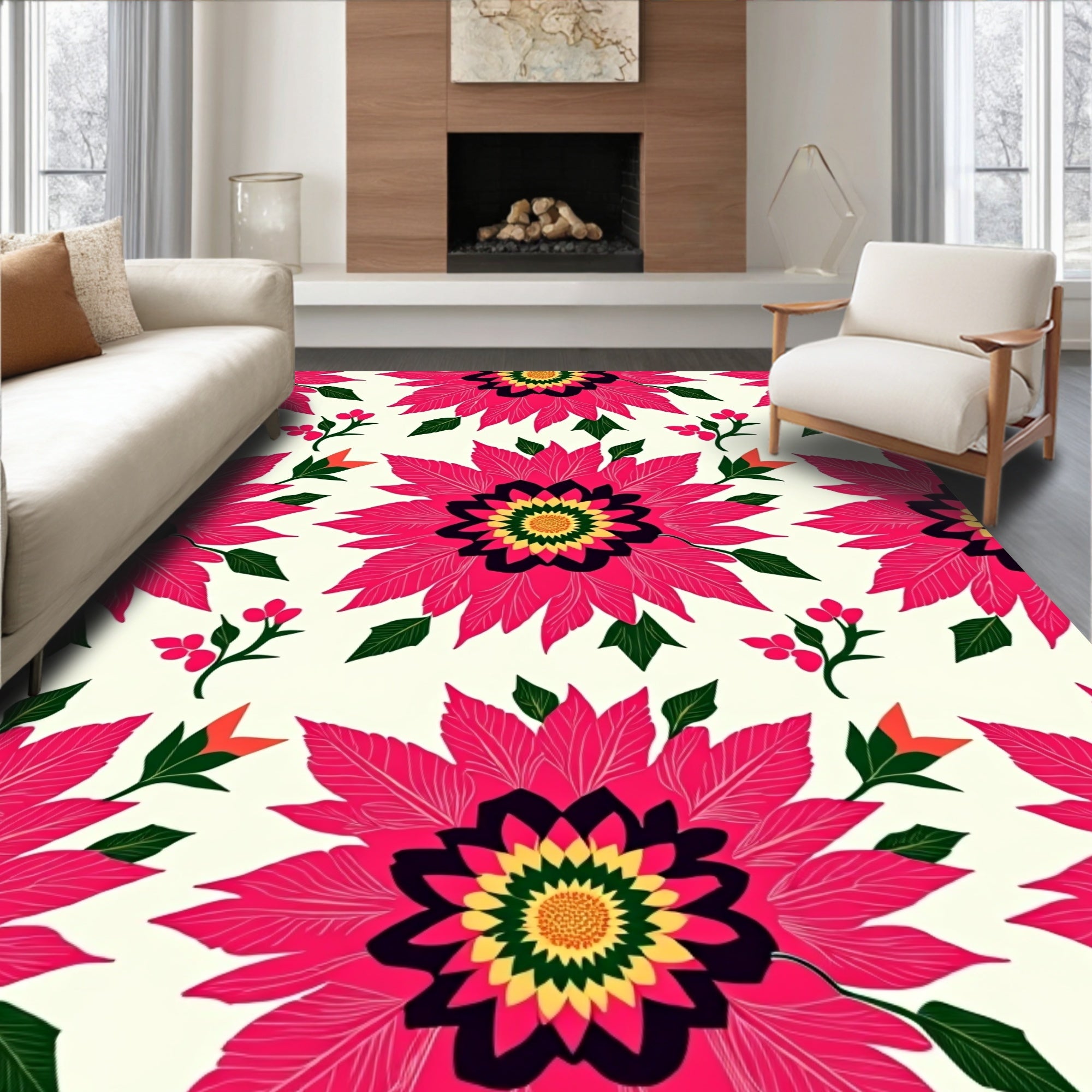Vibrant Hot Pink Floral Arrangement Rug