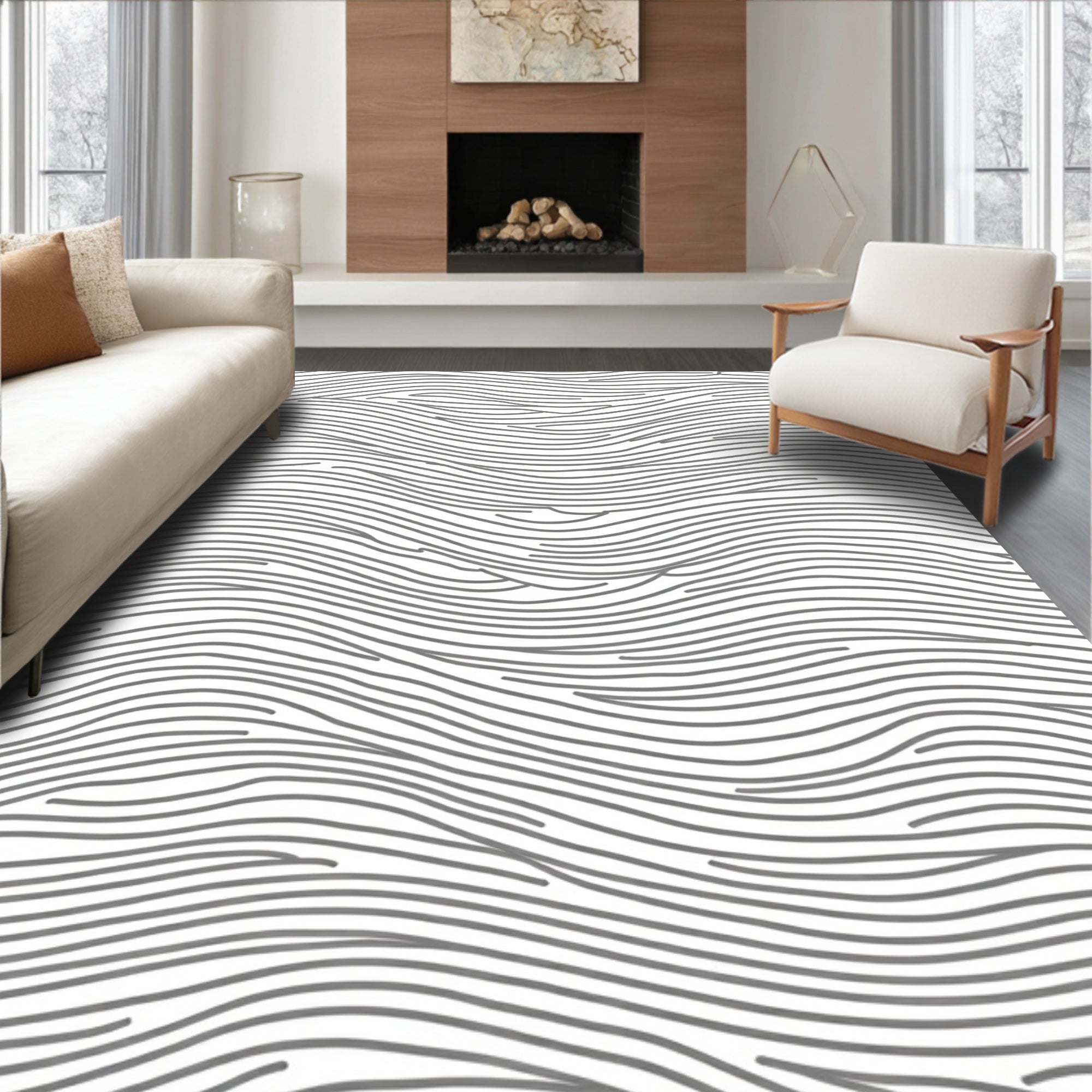Minimalist Grey Wavy Line Pattern Rug