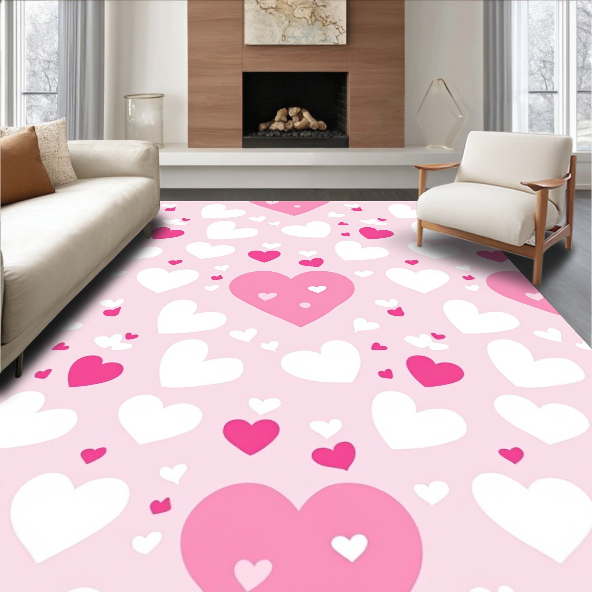 Pink White Hearts Pattern Rug