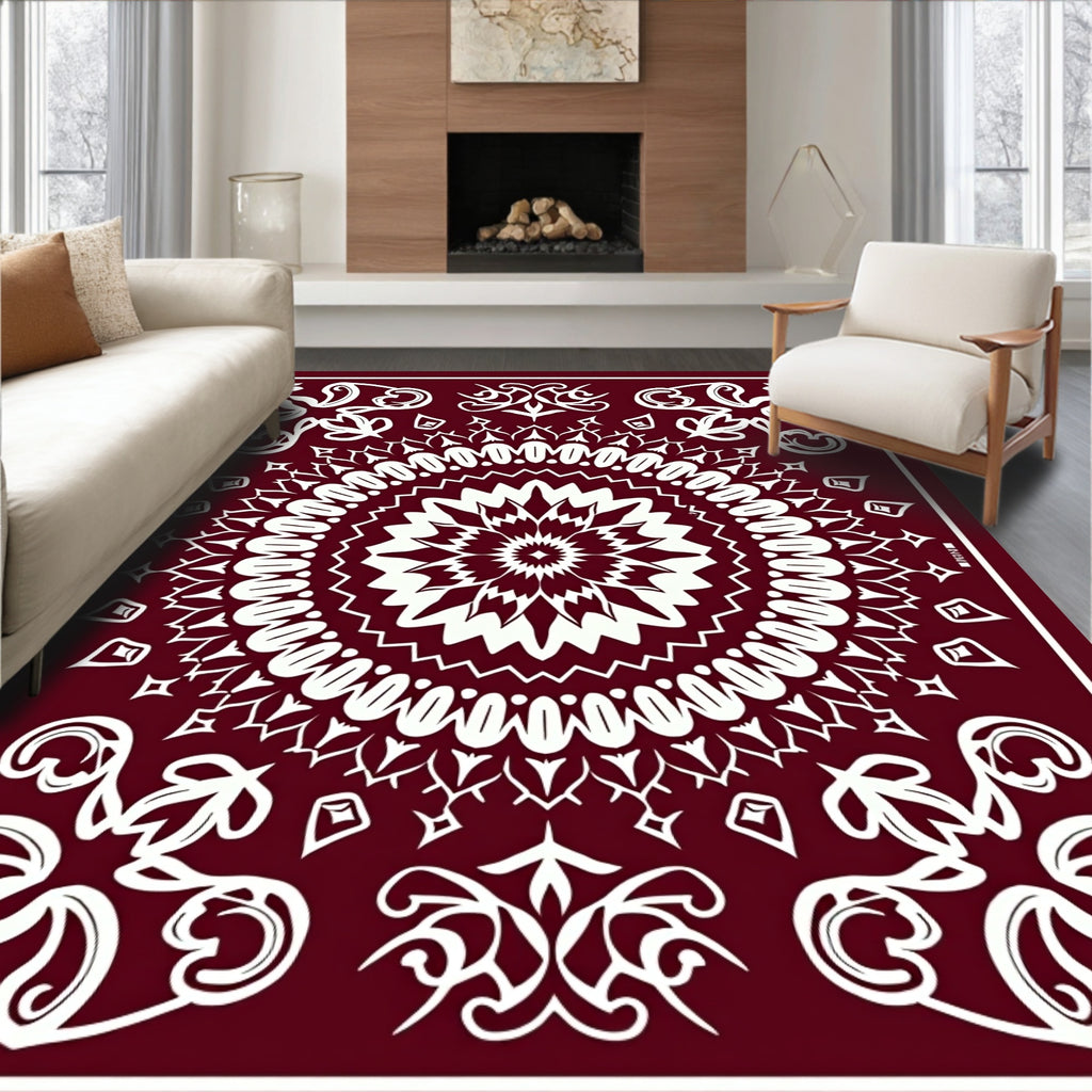 Crimson White Intricate Floral Mandala Pattern Rug