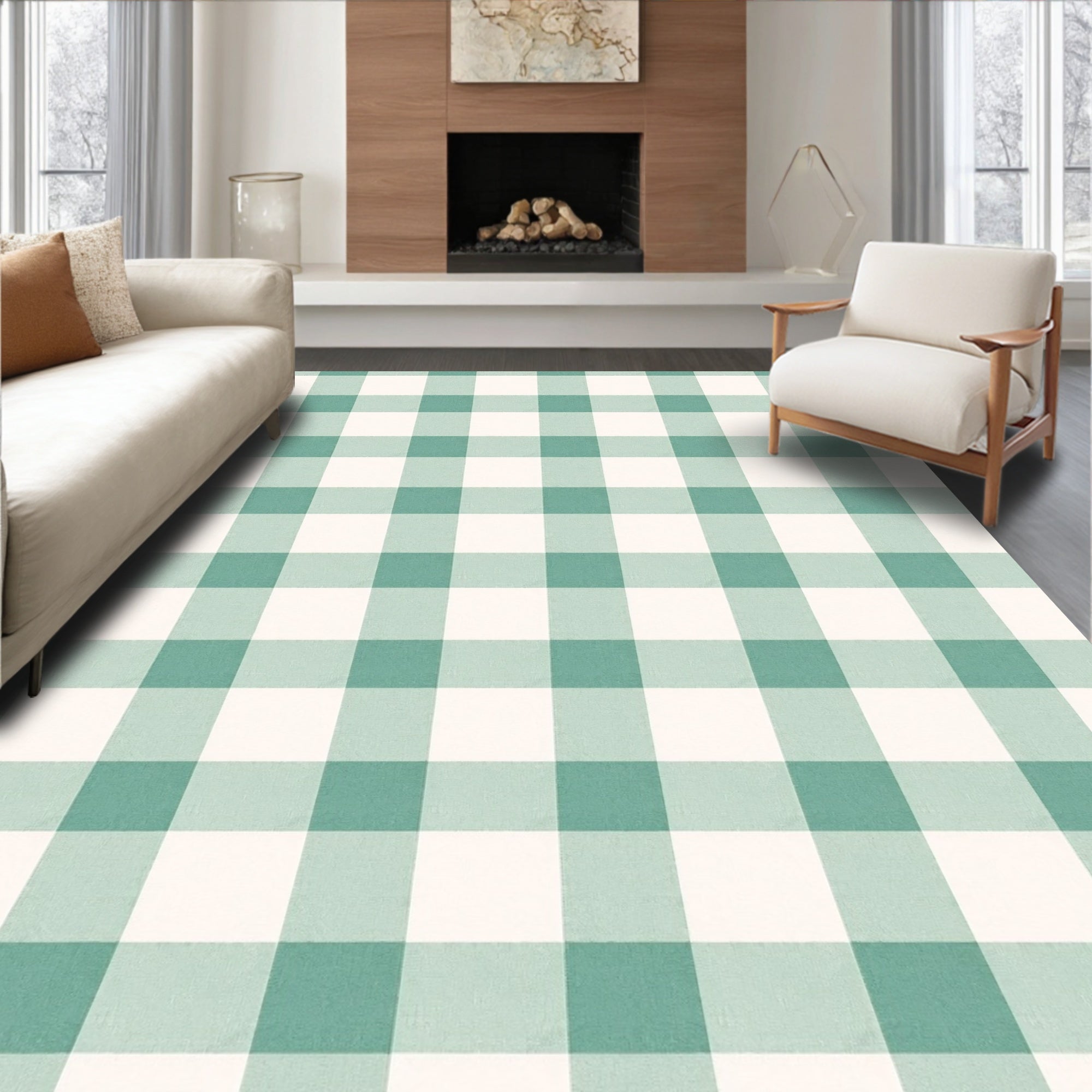 Classic Green White Gingham Pattern Rug